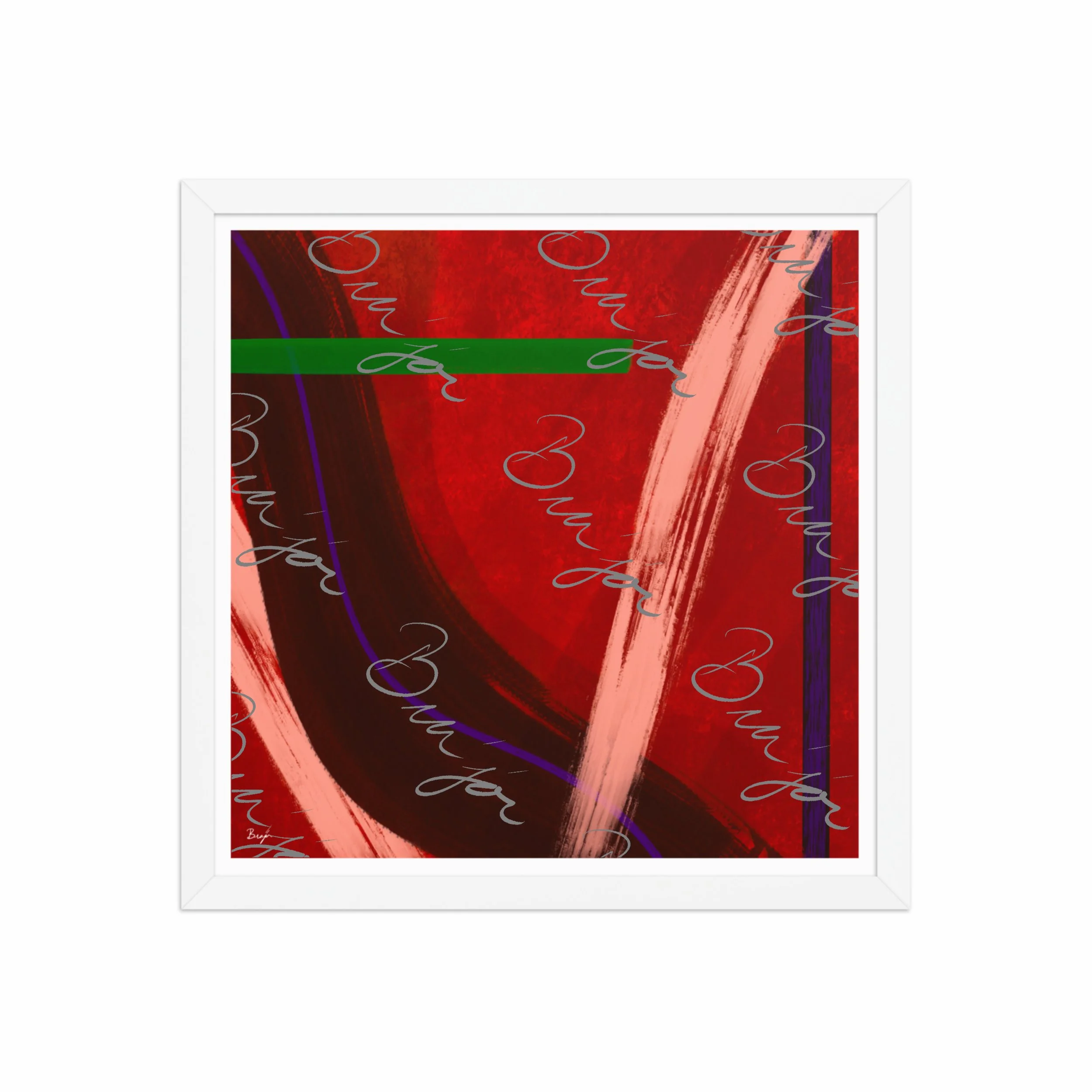16x16 White Framed abstract artwork titled Feelings designed by the digital abstract artist Bra'jor. Artwork includes the colors Red, Orange, Purple, and Green