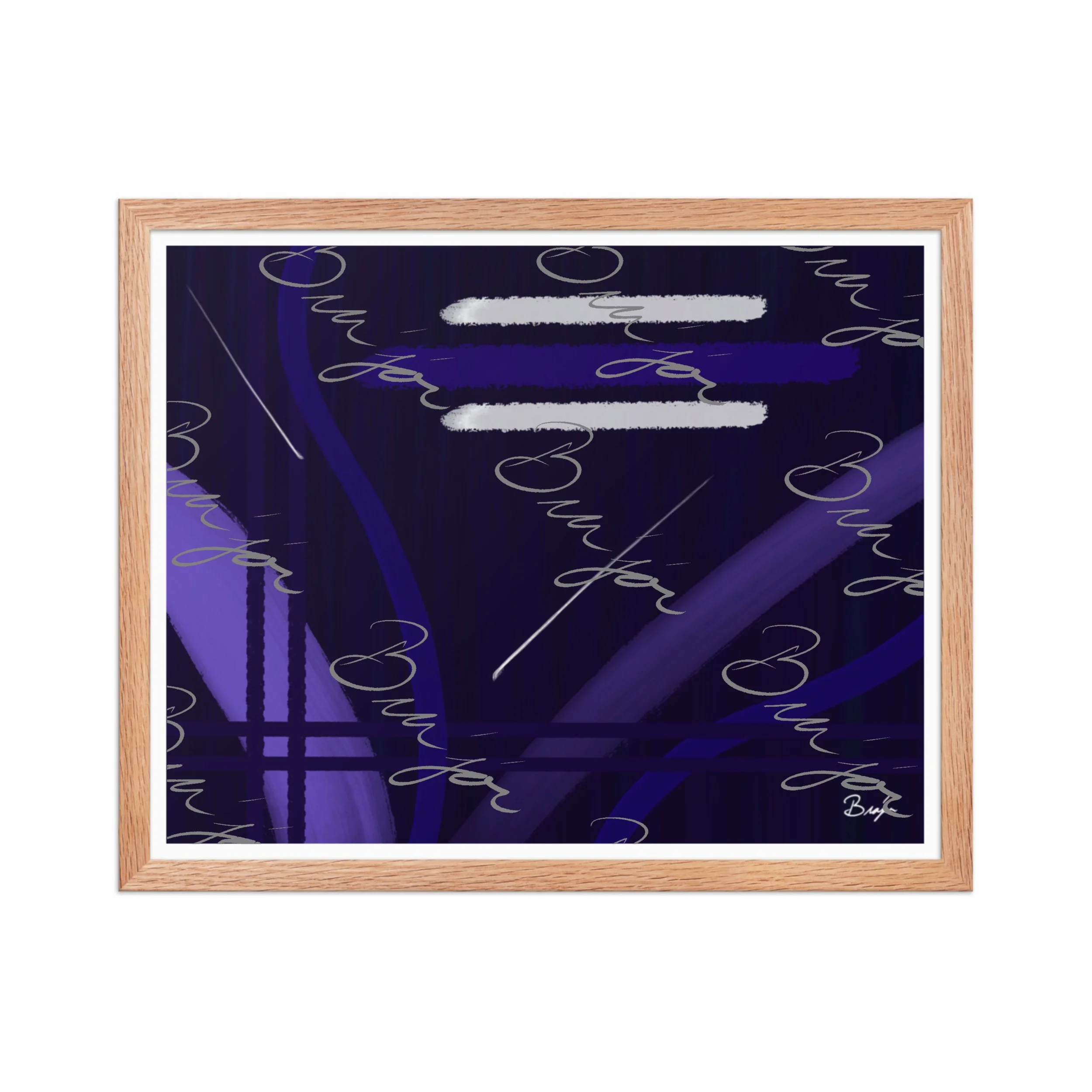 16x20 Red Oak Framed Abstract artwork titled Beneath designed by the digital abstract artist Bra'jor. Artwork includes the colors Blue, White, Purple, and Navy