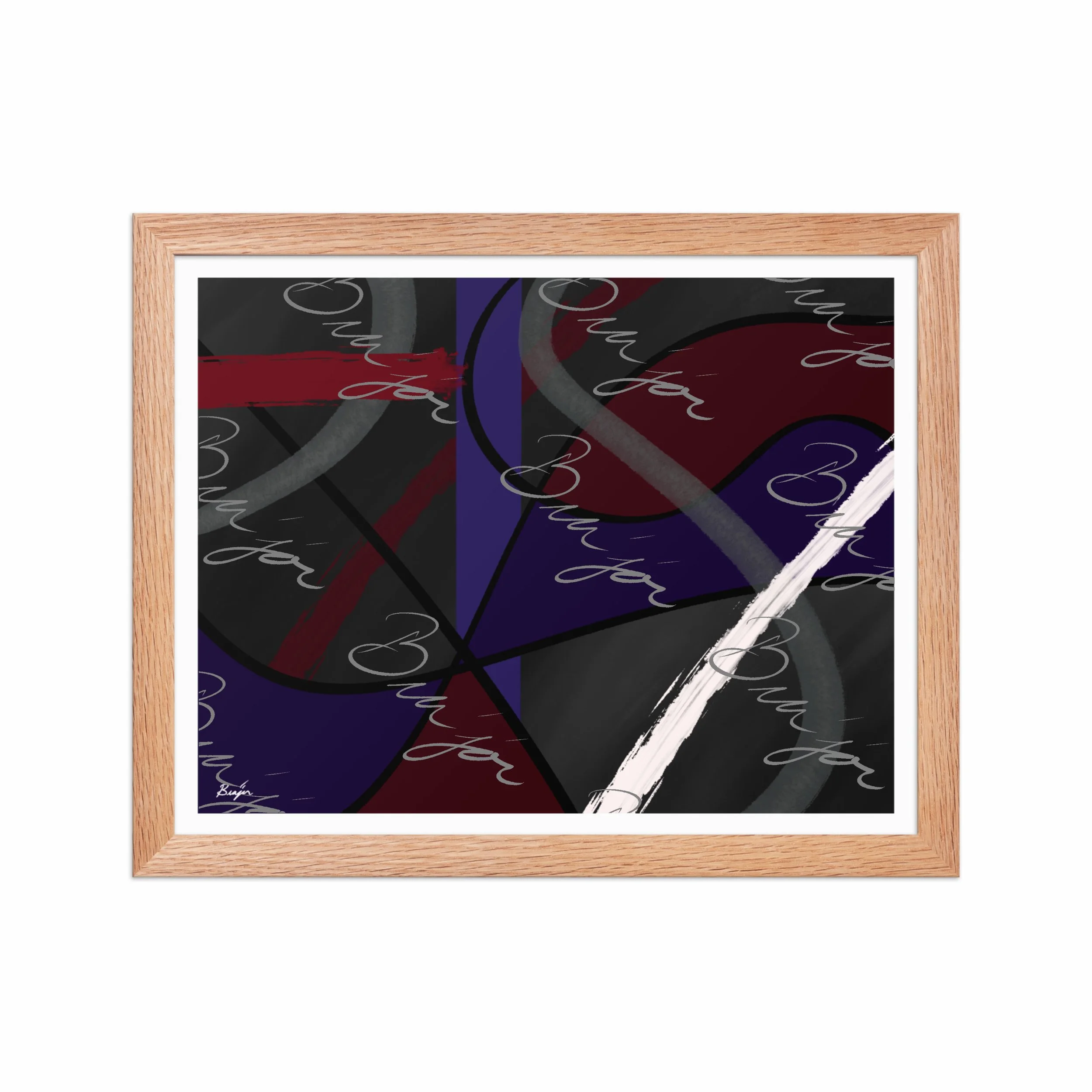 11x14 Red Oak Framed Abstract artwork titled Different designed by the digital abstract artist Bra'jor. Artwork includes the colors Purple, Blue, Red, Gray, and Black