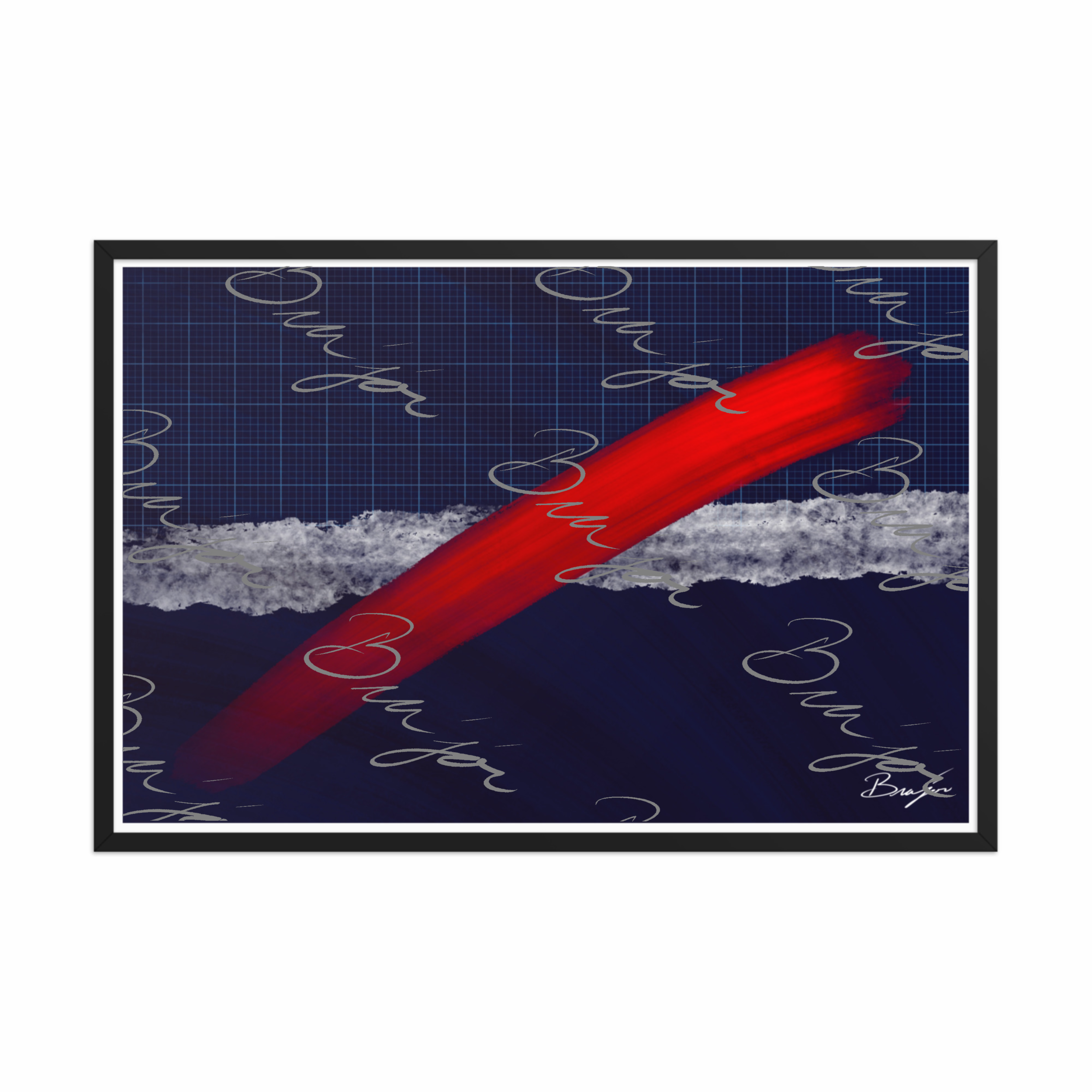 24x36 Black Framed abstract artwork titled Strike designed by the digital abstract artist Bra'jor. Artwork includes the colors Red, Blue, white, and Gray