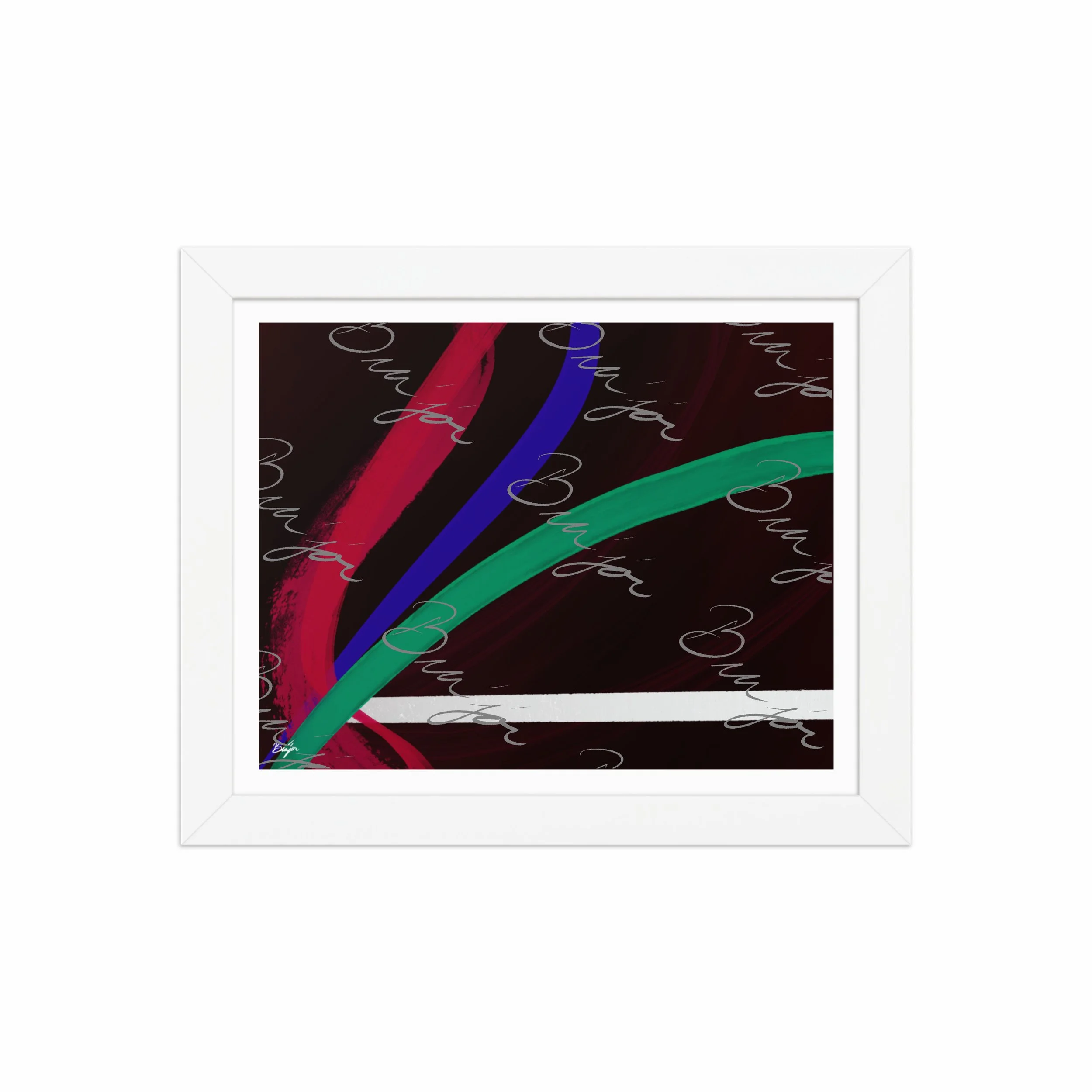 8x10 White Framed Abstract artwork titled Journey designed by the digital abstract artist Bra'jor. Artwork includes the colors Red, White, Green, and Blue