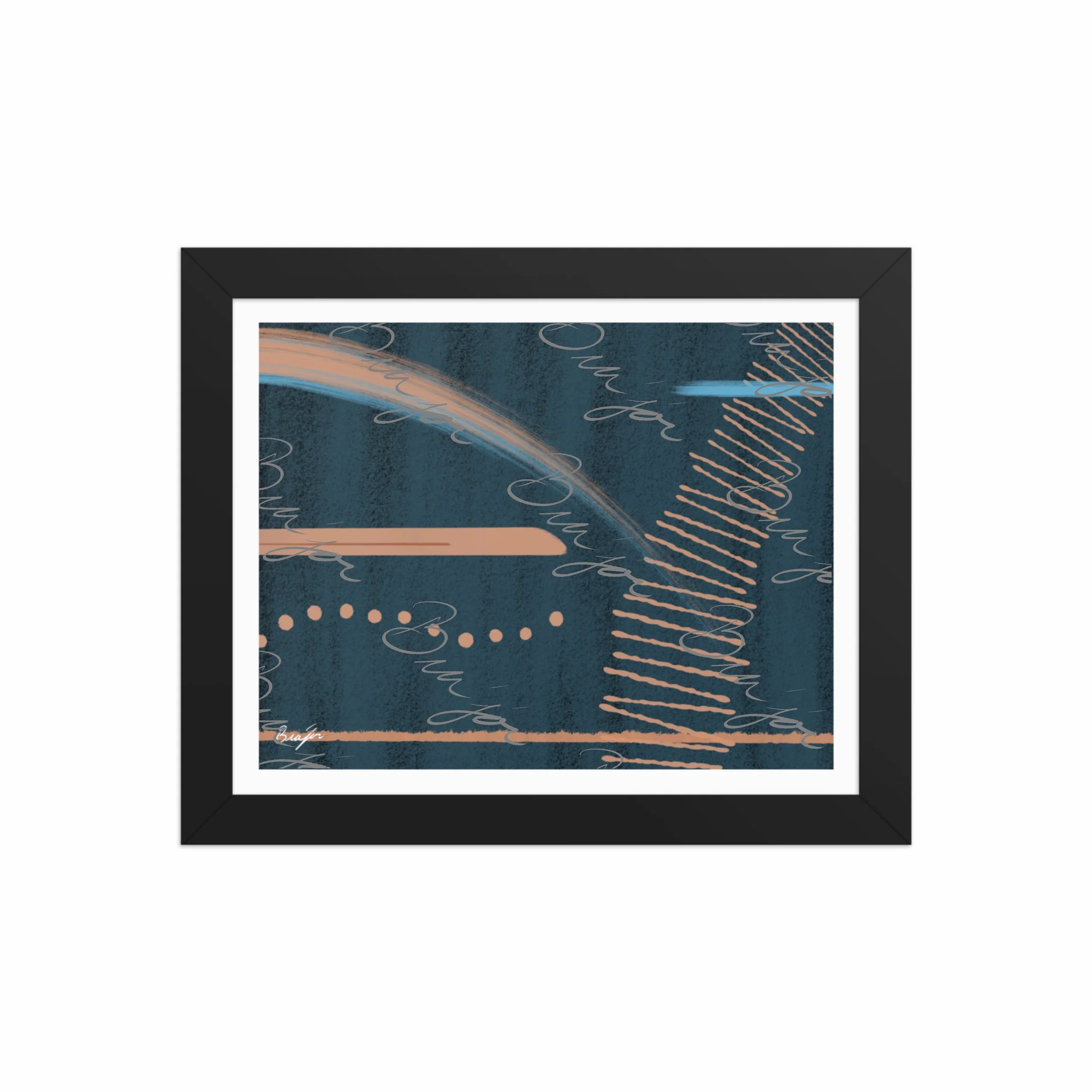 8x10 Black Framed abstract artwork titled Effort designed by the digital abstract artist Bra'jor. Artwork includes the colors Black, Blue, Brown, and Tan
