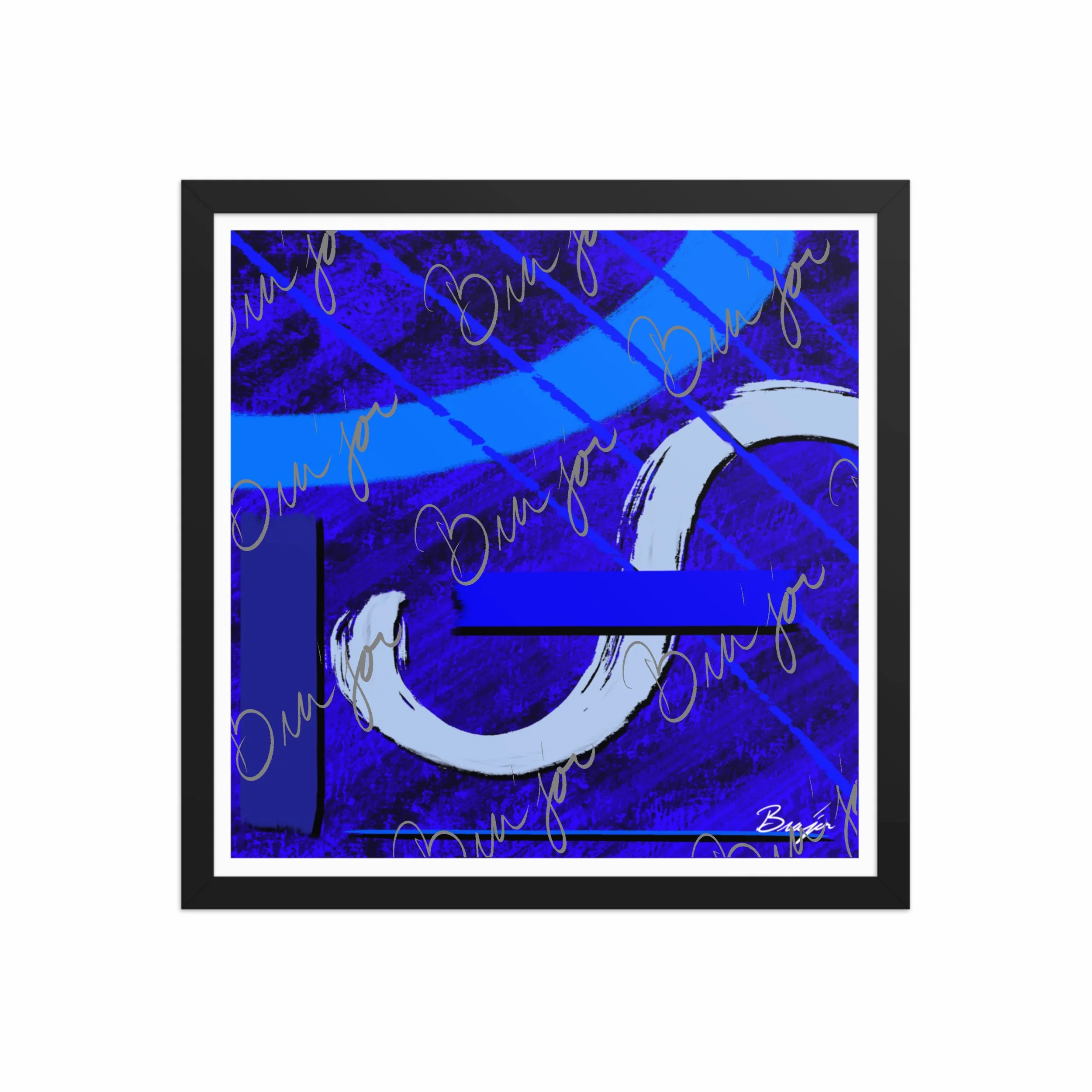 16x16 Black Abstract artwork titled Undone designed by the digital abstract artist Bra'jor. Artwork includes the colors Blue, Black, Misty Blue, and Navy