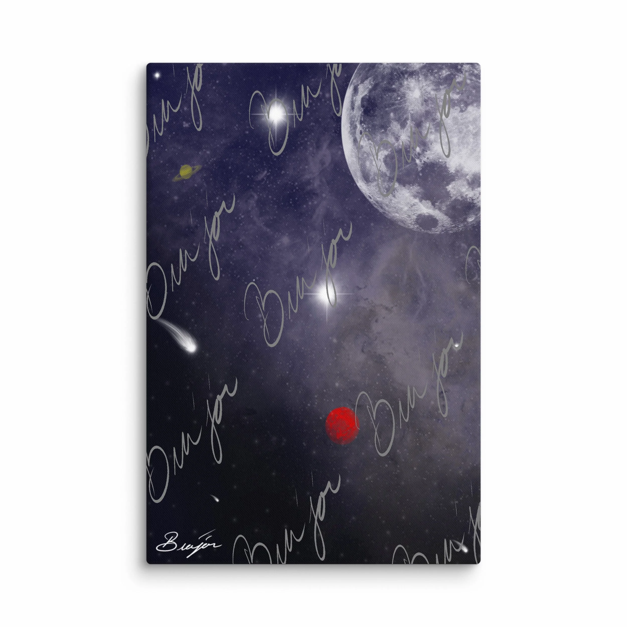 24x36 Abstract canvas artwork titled Out There designed by the digital abstract artist Bra'jor. Artwork includes the colors White, Gray, Red, Black, and Yellow