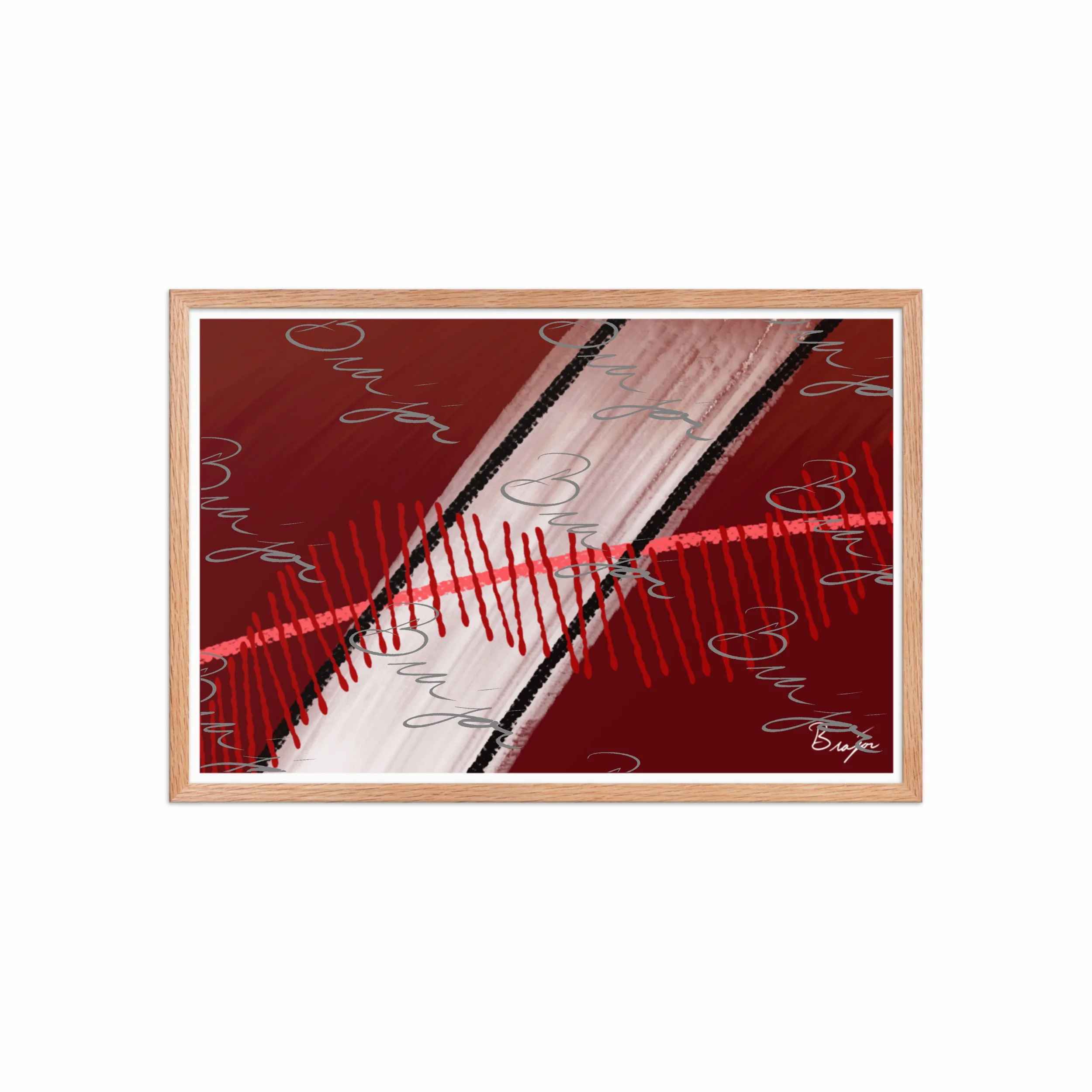 20x30 Red Oak Framed abstract artwork titled Confined designed by the digital abstract artist Bra'jor. Artwork includes the colors Red, Pink, Black, Maroon, and White