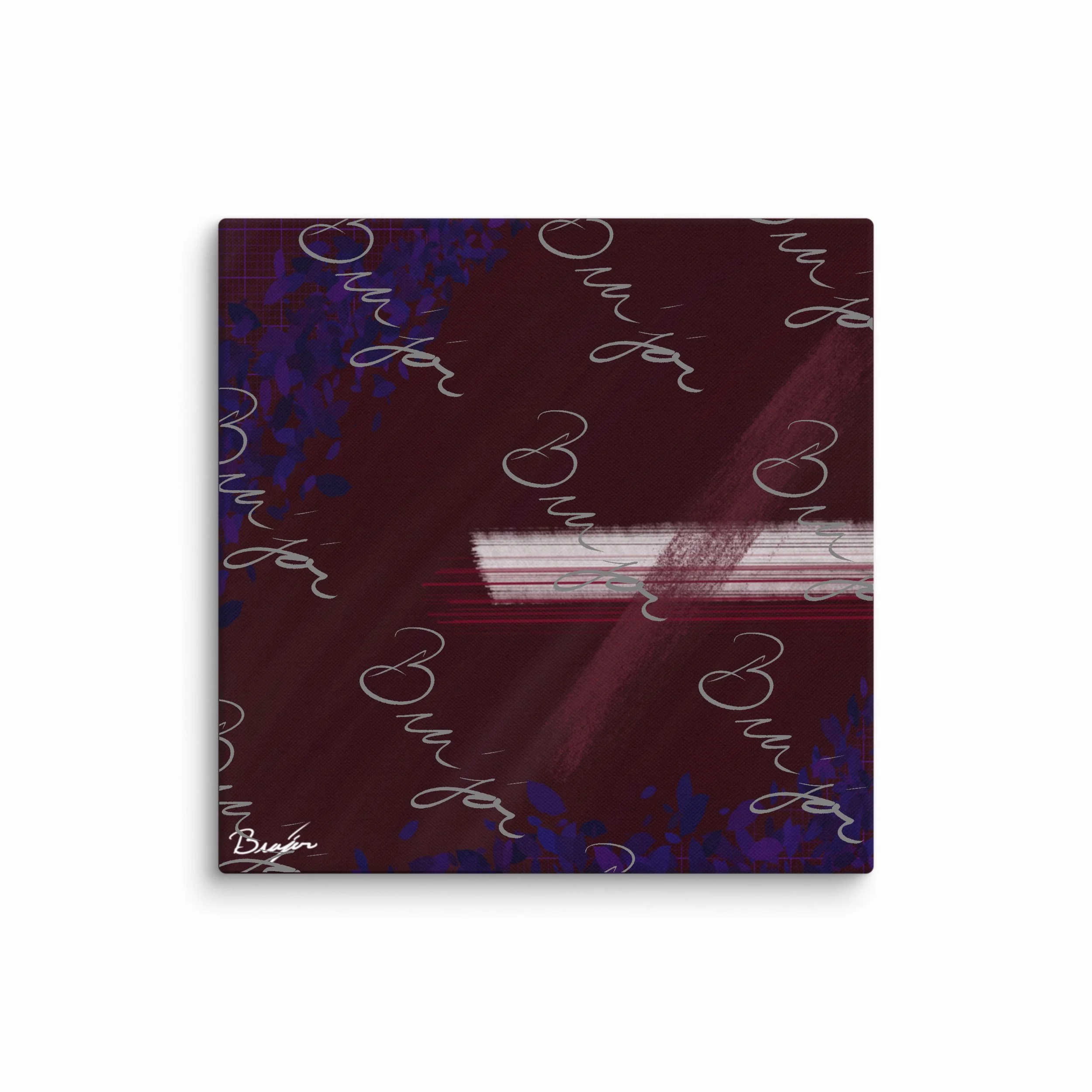 32x32 Abstract canvas artwork titled Guarded designed by the digital abstract artist Bra'jor. Artwork includes the colors Maroon, Black, Blue, and White