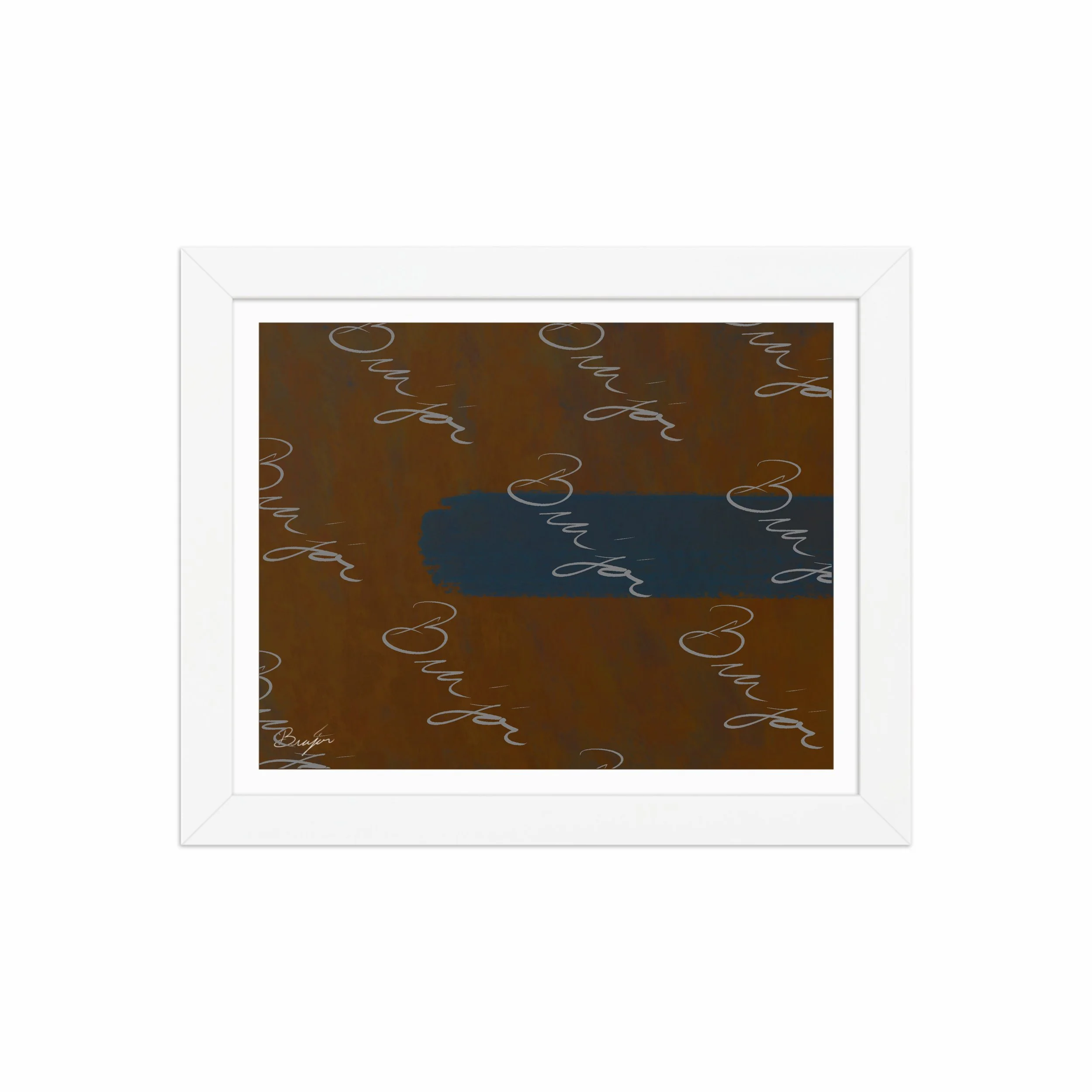 8x10 White Framed Abstract artwork titled Distraction designed by the digital abstract artist Bra'jor. Artwork includes the colors Brown, Blue, and Orange