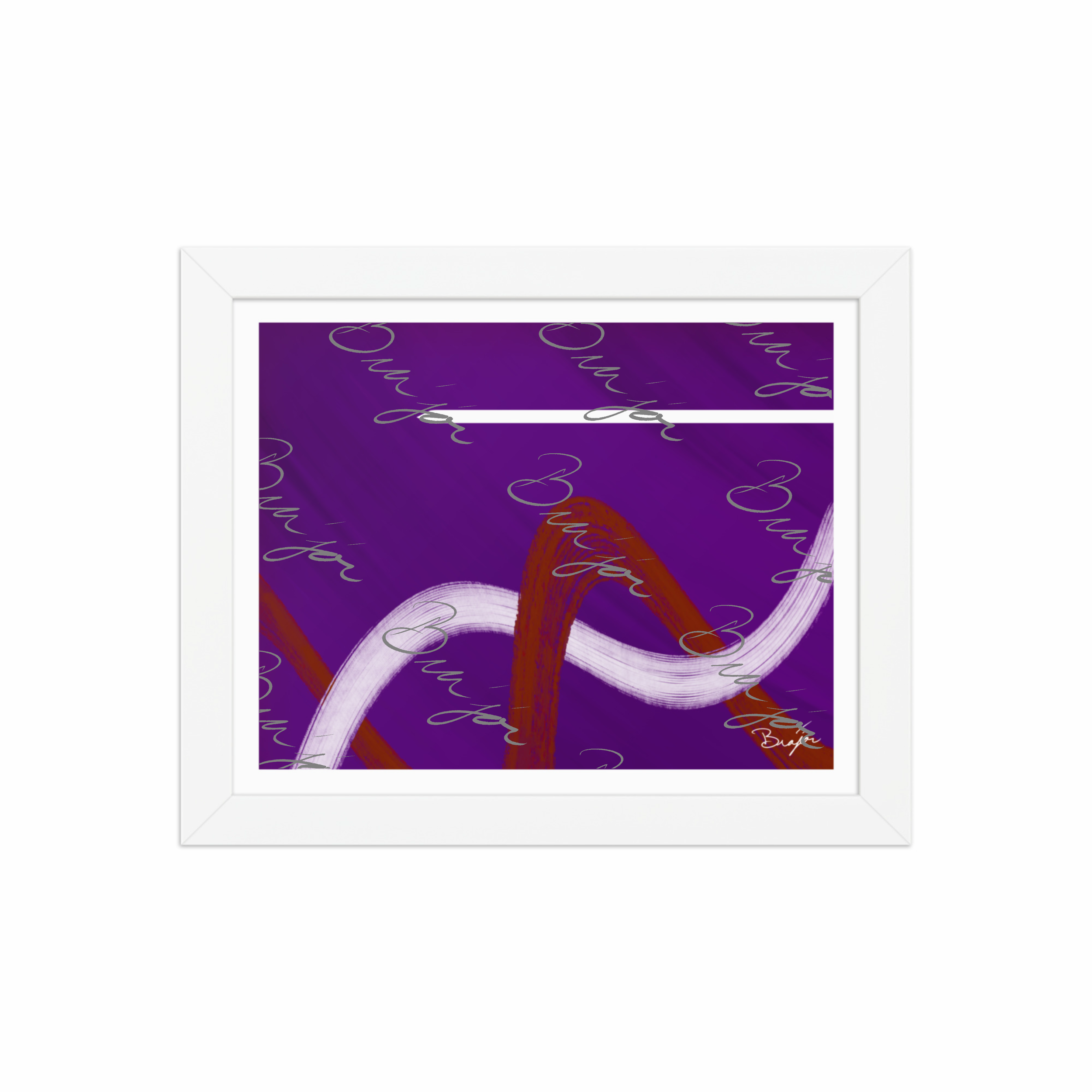 8x10 White Framed abstract artwork titled Quiet designed by the digital abstract artist Bra'jor. Artwork includes the colors Purple, Red, and White