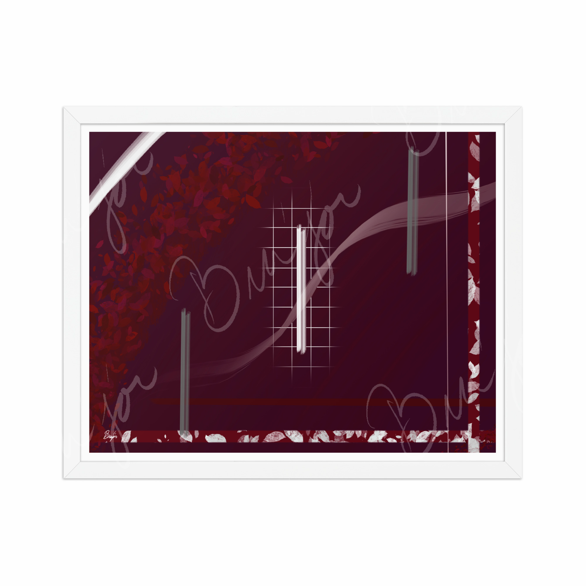 16x20 White Framed Abstract artwork titled Shine designed by the digital abstract artist Bra'jor. Artwork includes the colors Red, Gray, Maroon, White, and Soft Pink
