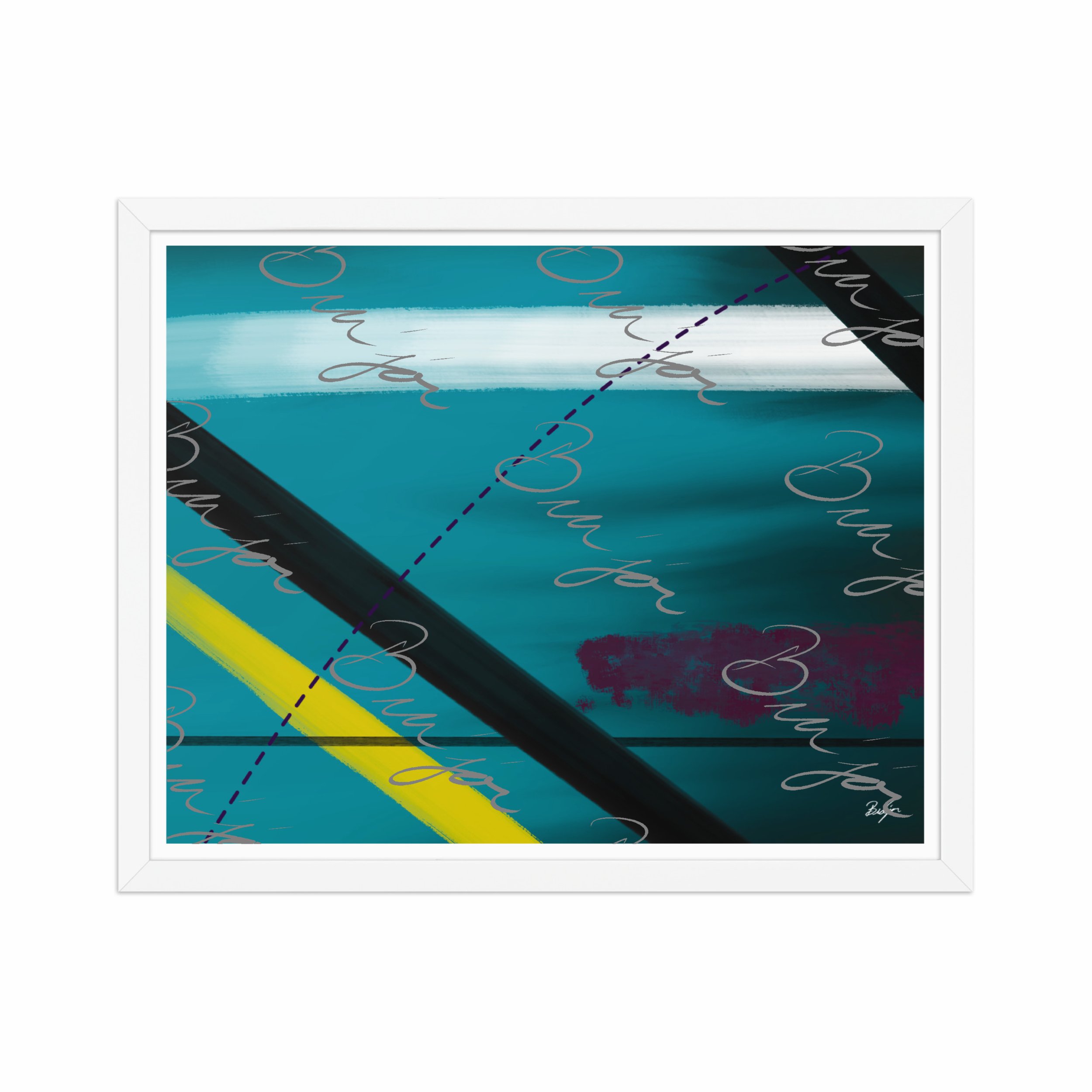 16x20 White Framed Abstract artwork titled First designed by the digital abstract artist Bra'jor. Artwork includes the colors Blue, Yellow, Black, Purple, and White