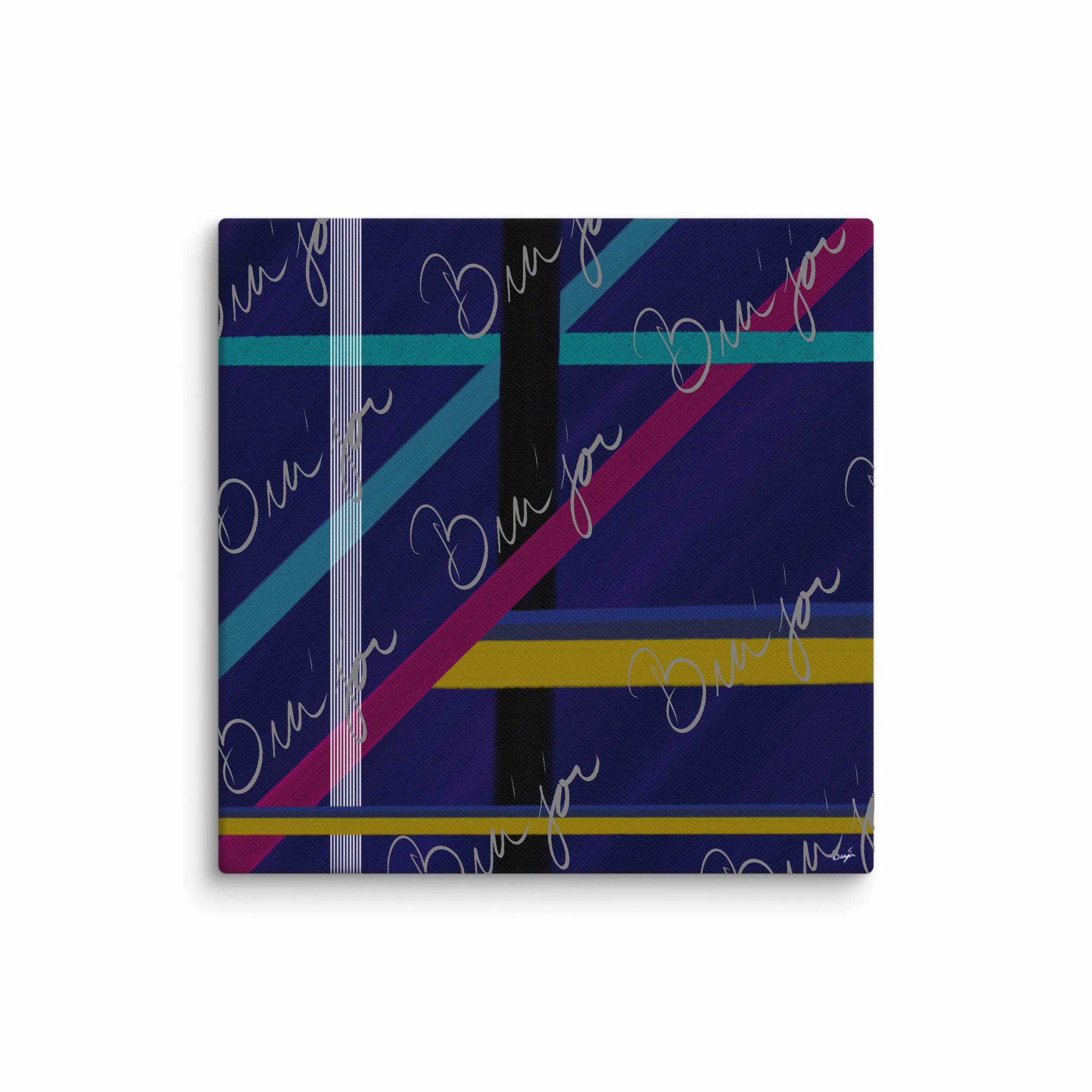 16x16 Canvas Abstract artwork titled Destinations designed by the digital abstract artist Bra'jor. Artwork includes the colors Black, Blue, Yellow, Pink, and White