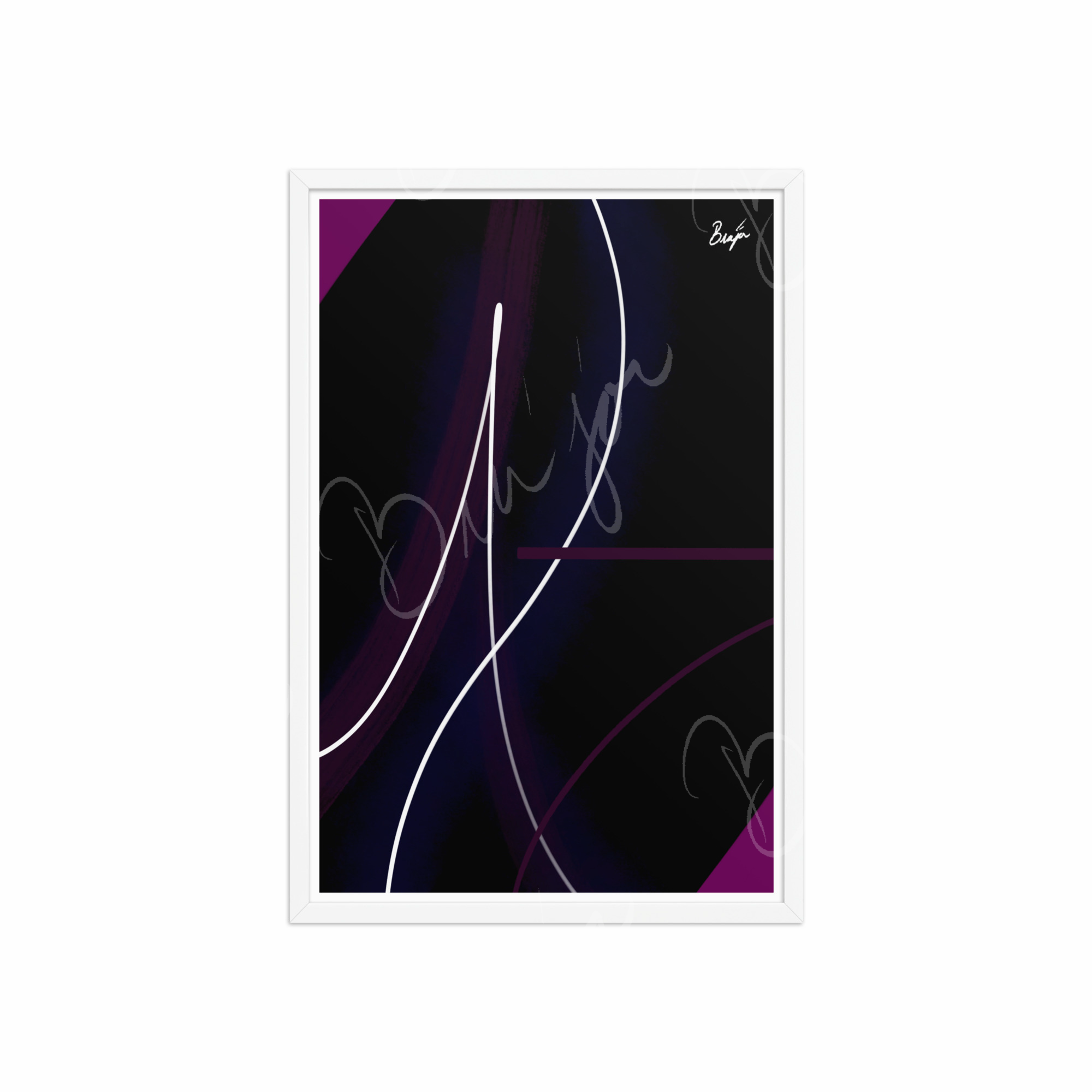 20x30 White Framed Abstract artwork titled Poised designed by the digital abstract artist Bra'jor. Artwork includes the colors Purple, Pink, Blue, and White
