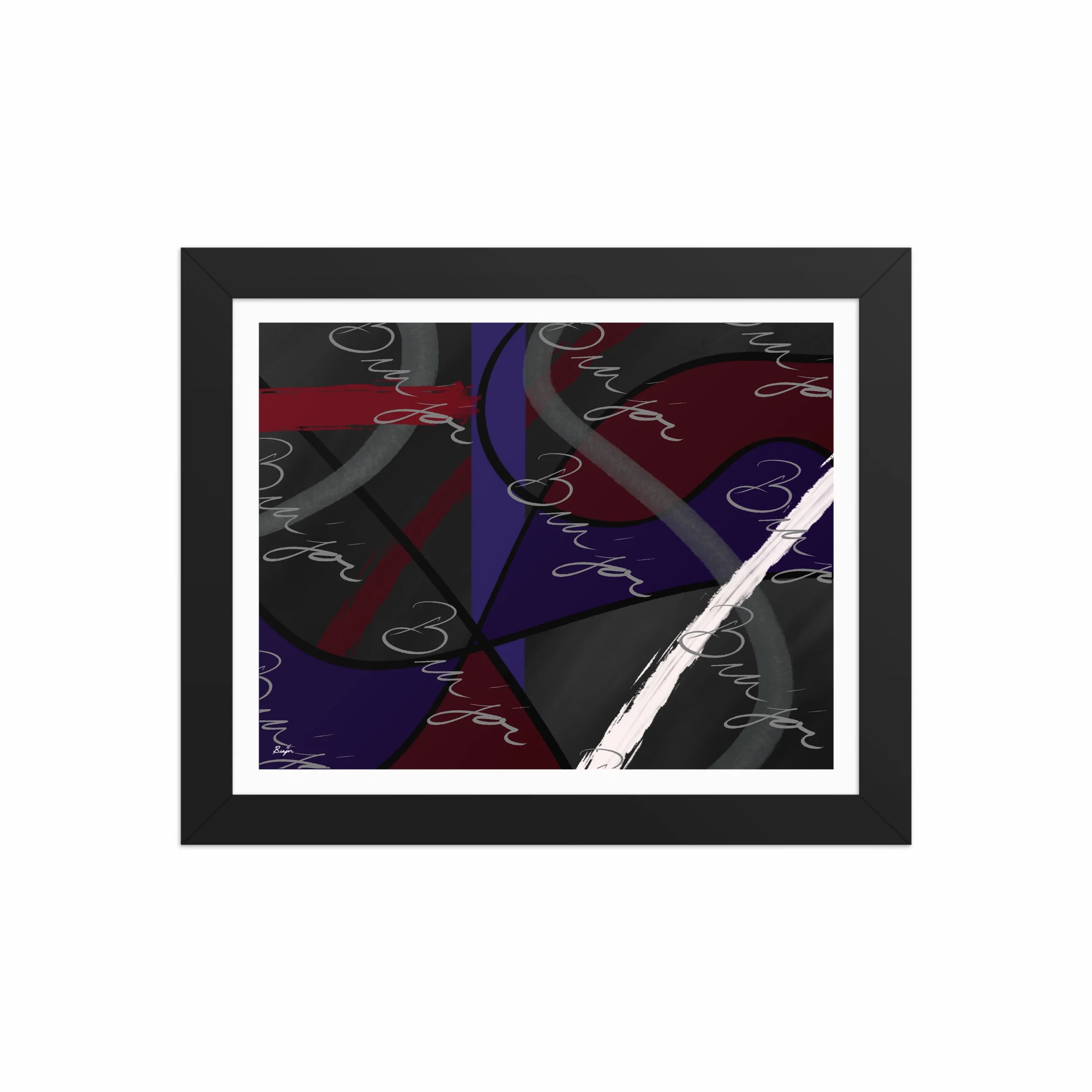 8x10 Black Framed Abstract artwork titled Different designed by the digital abstract artist Bra'jor. Artwork includes the colors Purple, Blue, Red, Gray, and Black
