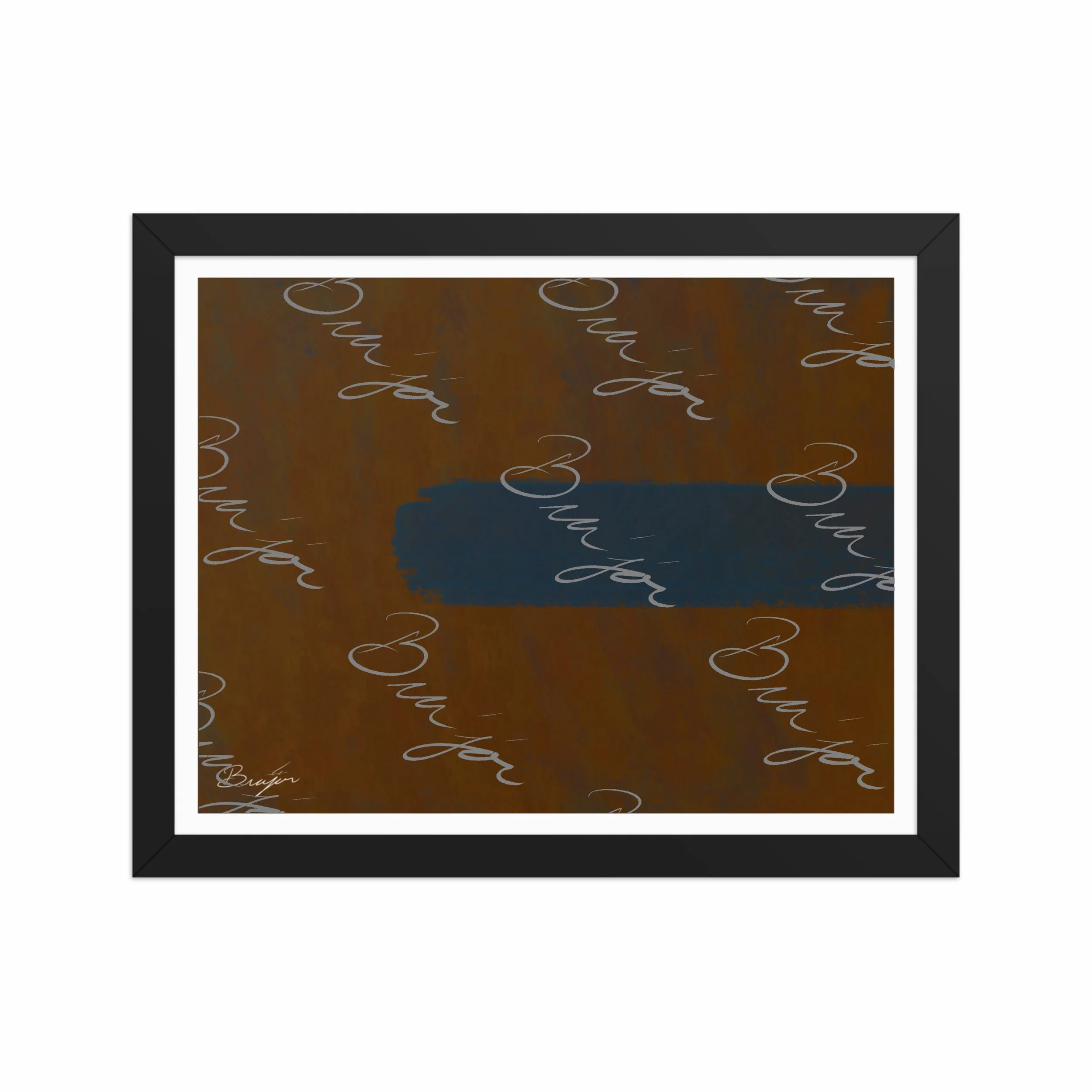 11x14 Black Framed Abstract artwork titled Distraction designed by the digital abstract artist Bra'jor. Artwork includes the colors Brown, Blue, and Orange