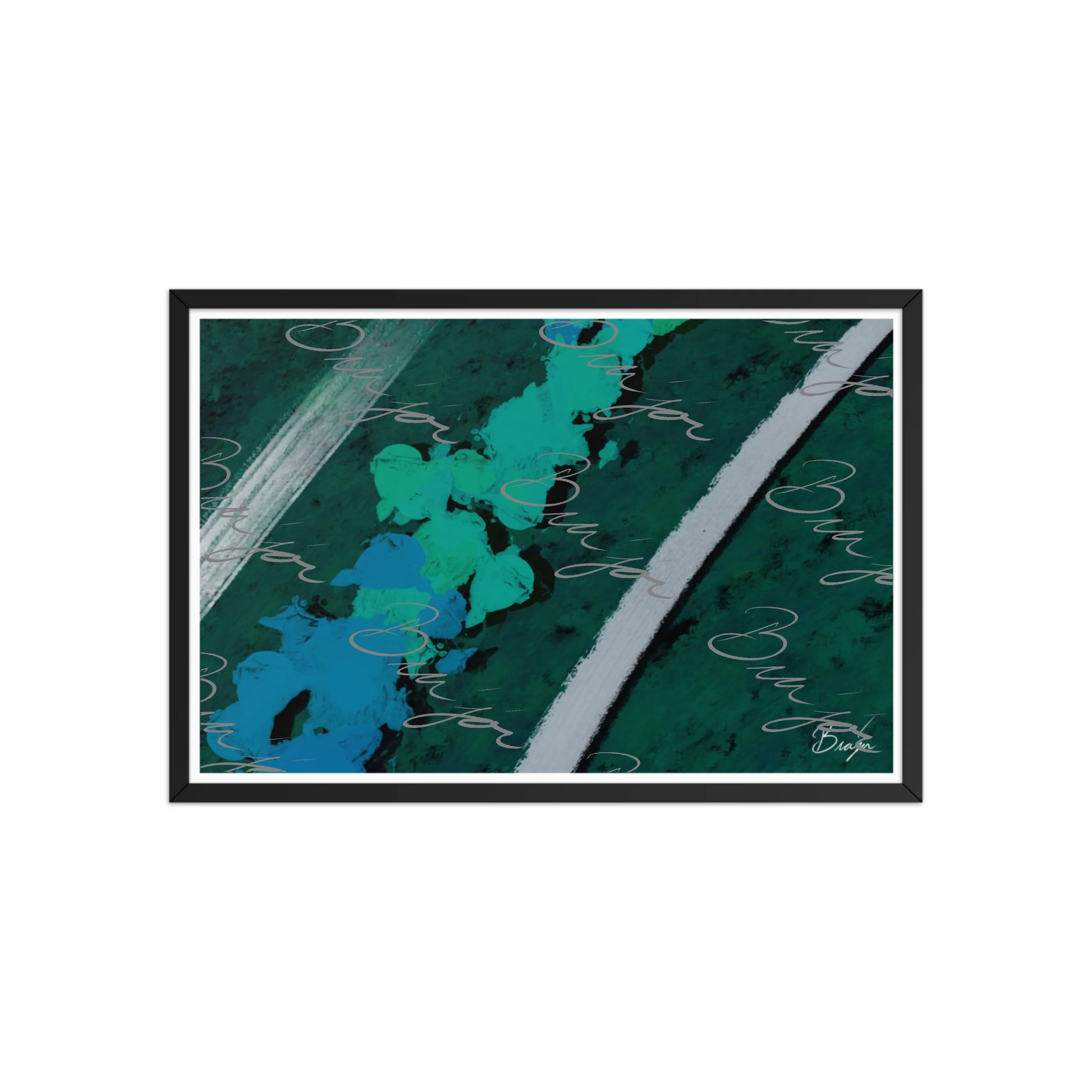 20x30 Black Framed abstract artwork titled Breathe designed by the digital abstract artist Bra'jor. Artwork includes the colors Green, Blue, Black, and White