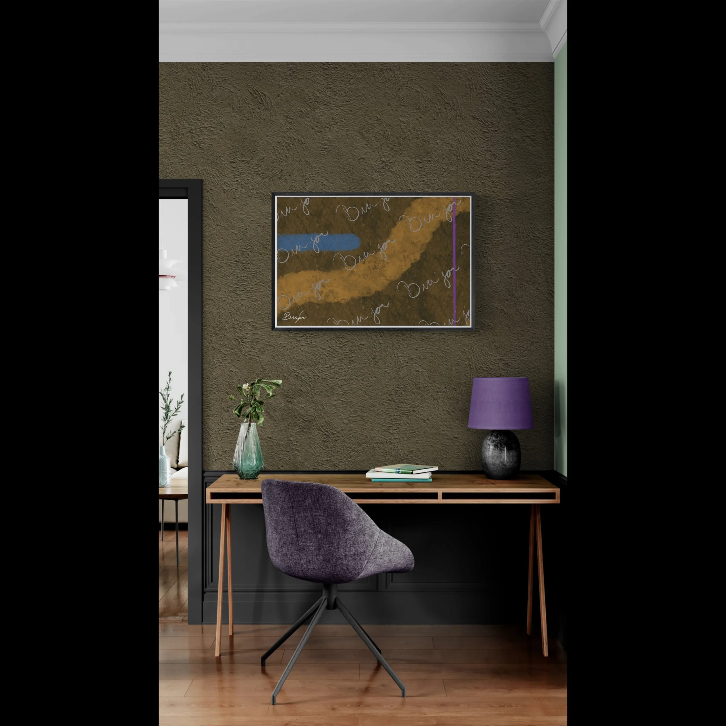 Framed abstract artwork titled Gentle designed by the digital abstract artist Bra'jor. Artwork includes the colors Blue, Brown, Tan, Dark Green, and Purple
