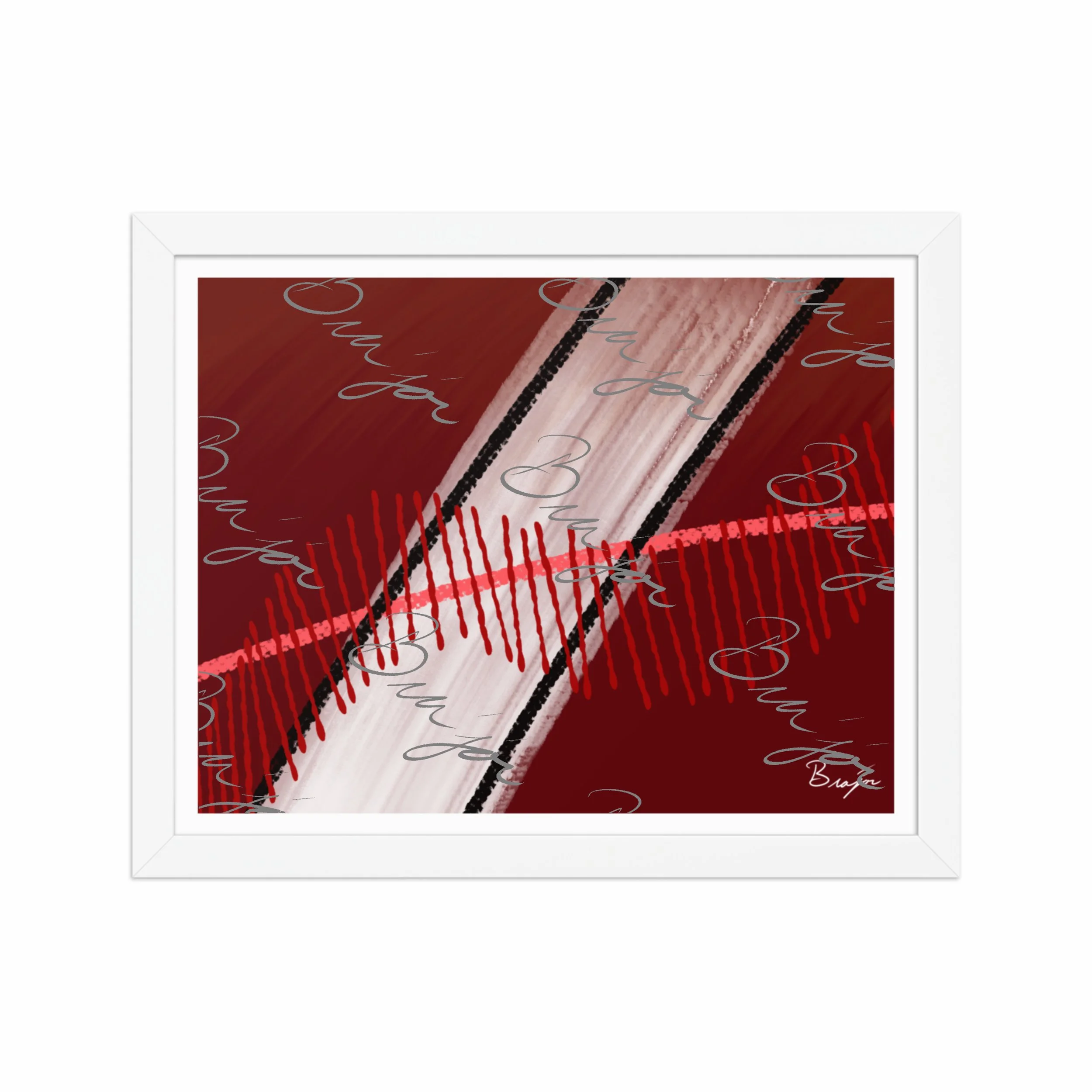 11x14 White Framed abstract artwork titled Confined designed by the digital abstract artist Bra'jor. Artwork includes the colors Red, Pink, Black, Maroon, and White