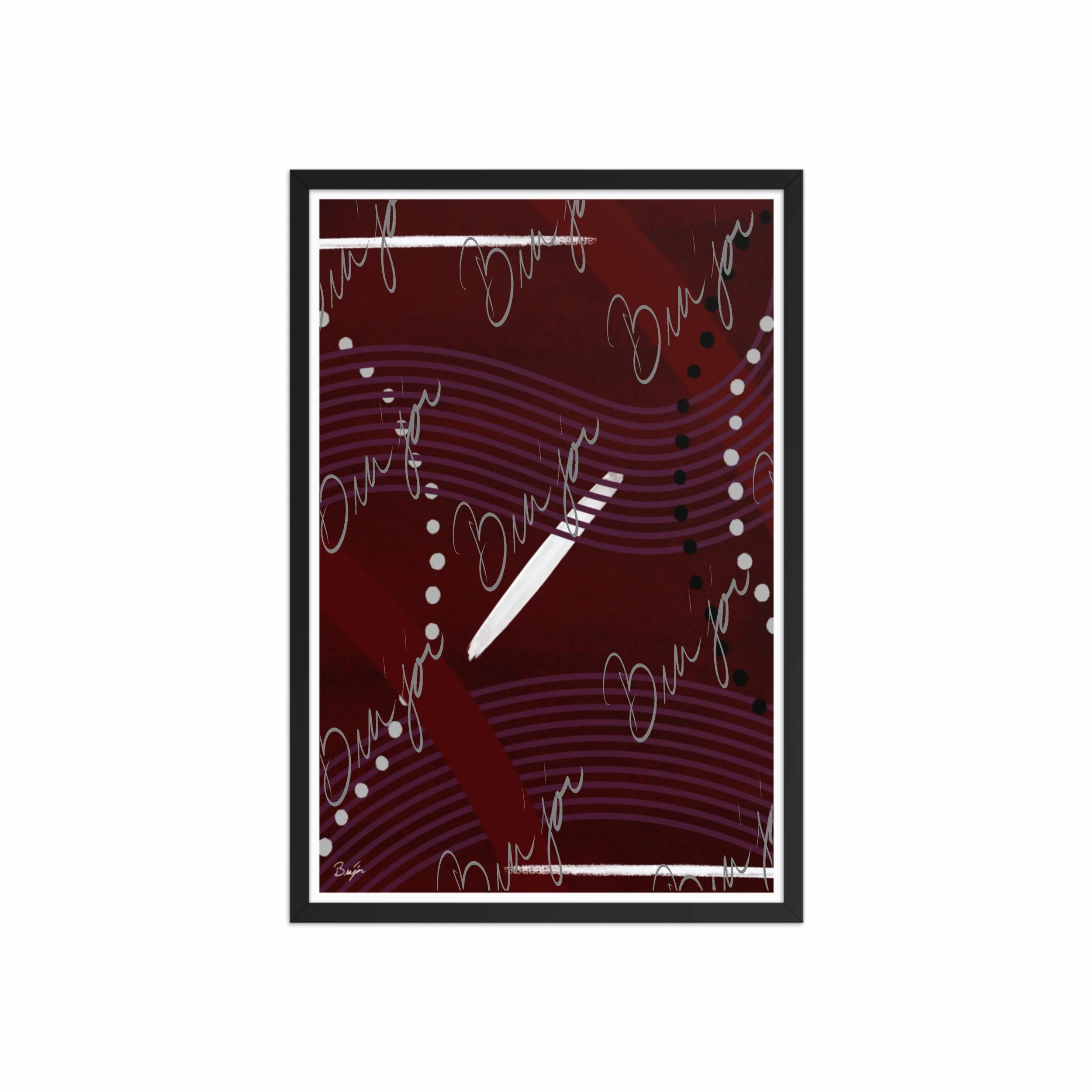 20x30 Black Framed Abstract artwork titled Memories designed by the digital abstract artist Bra'jor. Artwork includes the colors Black, White, Maroon, Purple, and Gray