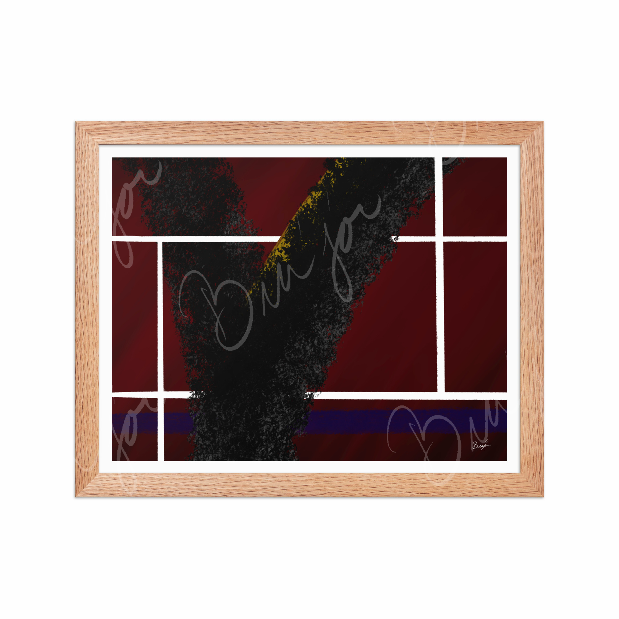 11x14 Red Oak Framed Abstract artwork titled Step Out designed by the digital abstract artist Bra'jor. Artwork includes the colors Red, White, Black, Yellow, and Blue