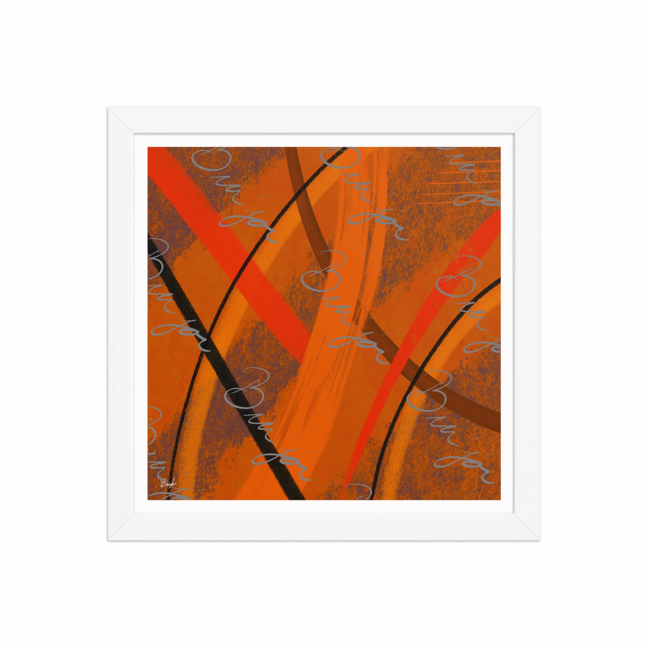 12x12 White Framed Abstract artwork titled Challenges designed by the digital abstract artist Bra'jor. Artwork includes the colors Orange, Brown, Blue, and Black