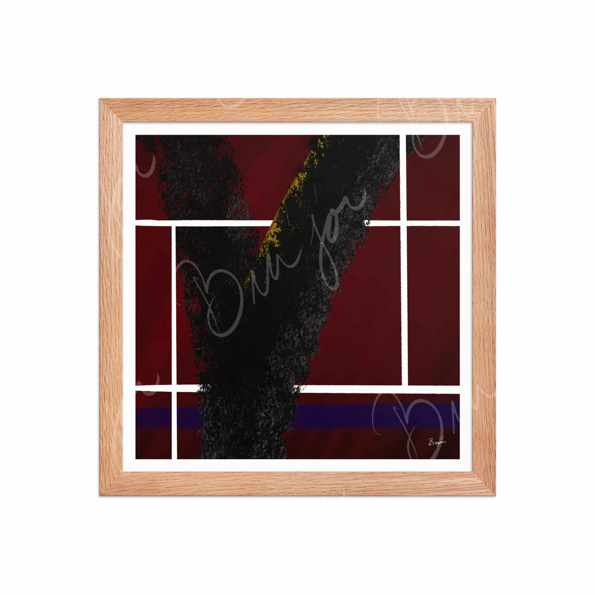 12x12 Red Oak Framed Abstract artwork titled Step Out designed by the digital abstract artist Bra'jor. Artwork includes the colors Red, White, Black, Yellow, and Blue