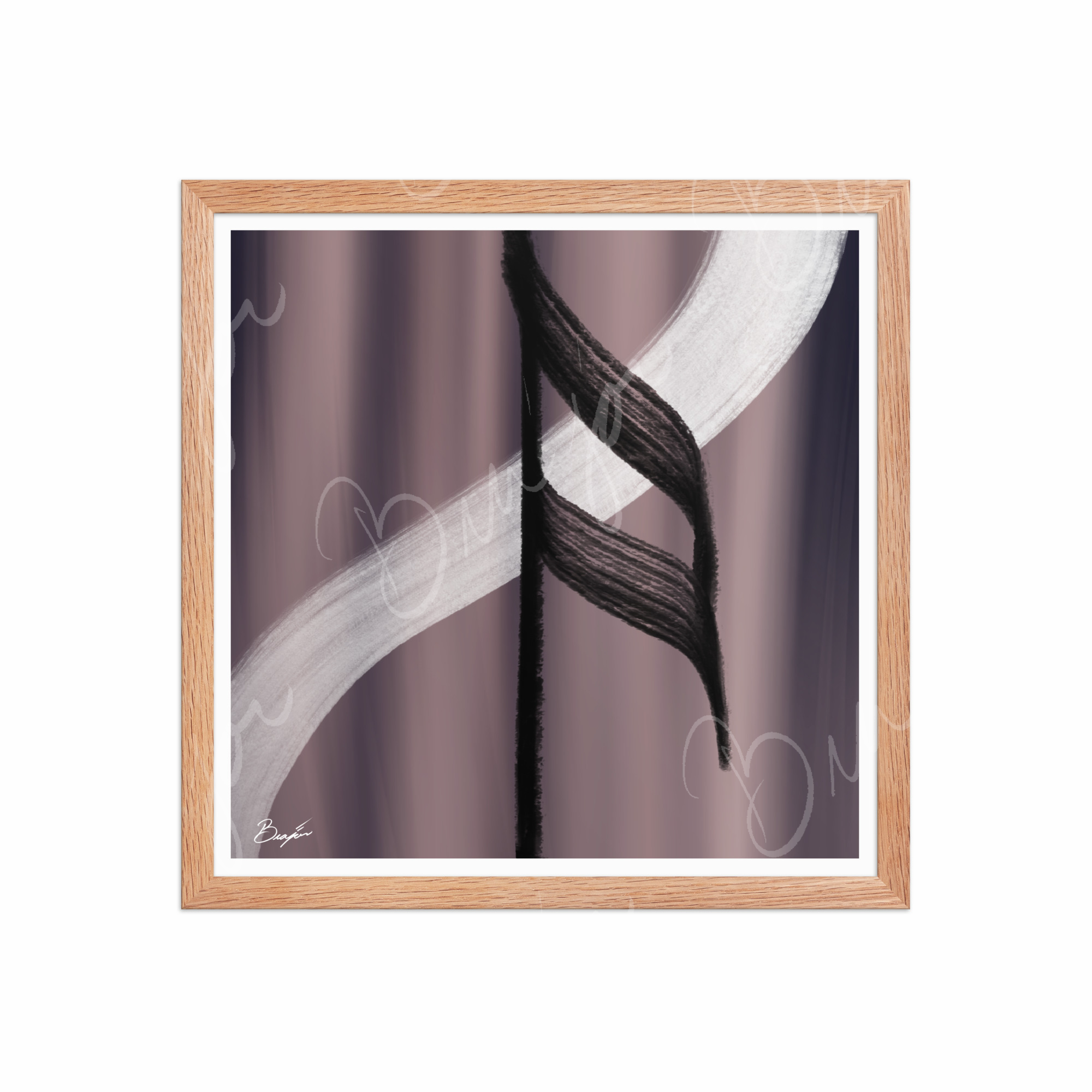 16x16 Red Oak Framed Abstract artwork titled A Beat designed by the digital abstract artist Bra'jor. Artwork includes the colors Black, White, Gray, violet, and Mauve