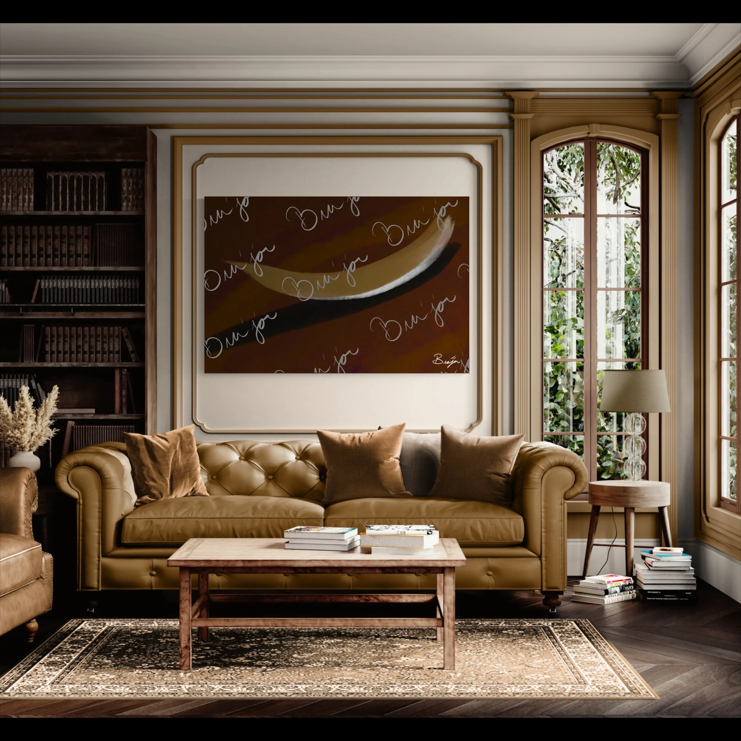 XL Abstract canvas artwork titled Always There designed by the digital abstract artist Bra'jor. Artwork includes the colors Brown, Tan, White, and Black with a Purple undertone