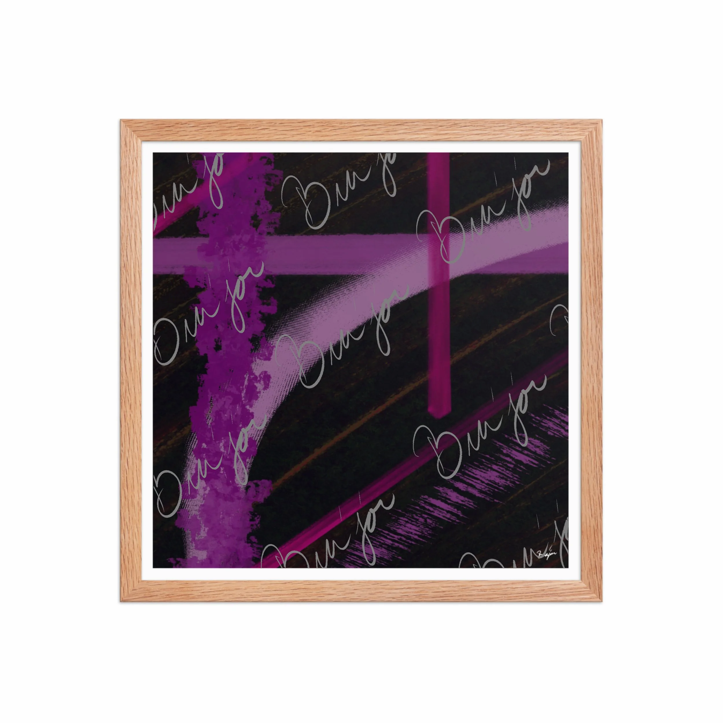 16x16 Red Oak Framed Abstract artwork titled Be Soft designed by the digital abstract artist Bra'jor. Artwork includes the colors Purple, Lavender, Pink, Orange, and Black