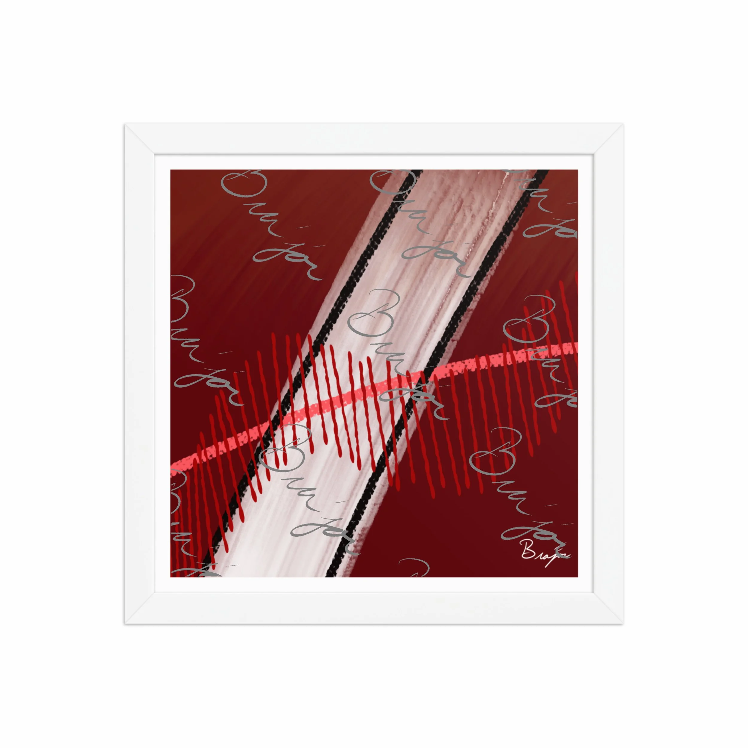 12x12 White Framed abstract artwork titled Confined designed by the digital abstract artist Bra'jor. Artwork includes the colors Red, Pink, Black, Maroon, and White