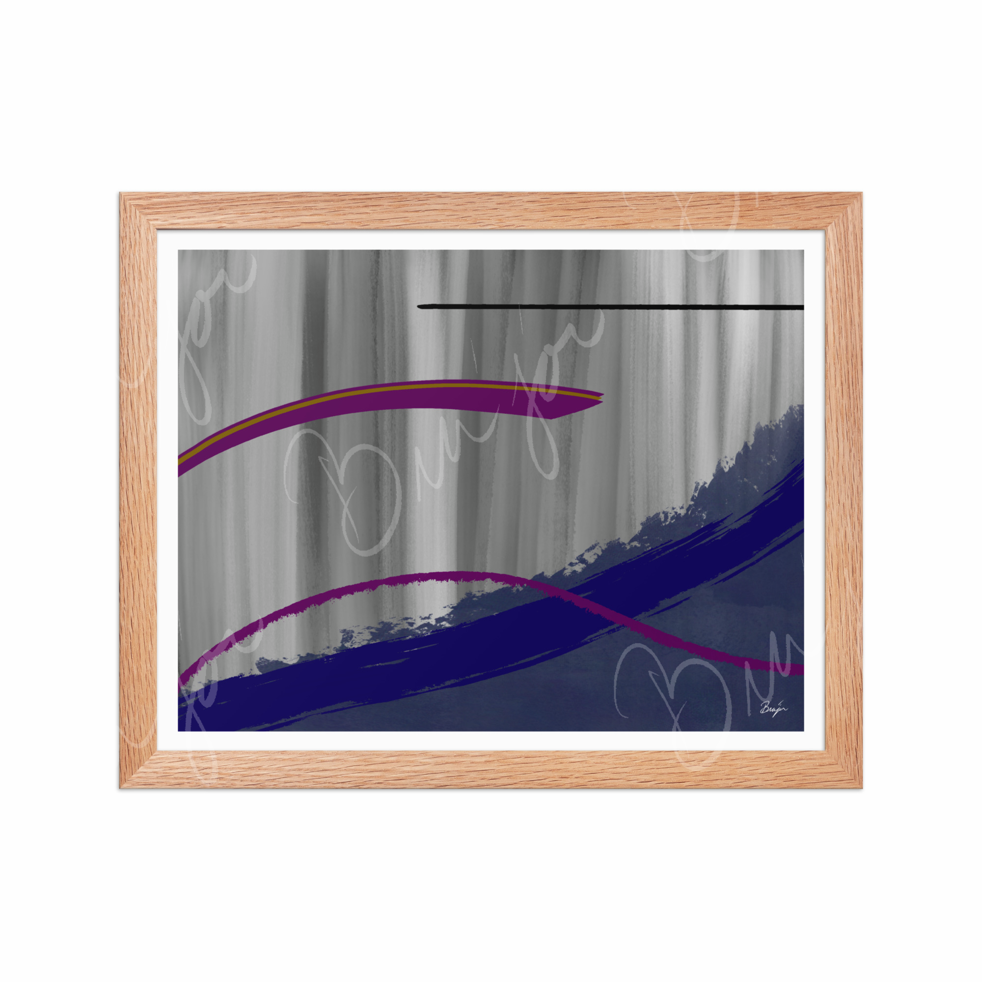 11x14 Red Oak Framed Abstract artwork titled Reworking designed by the digital abstract artist Bra'jor. Artwork includes the colors Purple, Gray, Blue, Mustard Yellow, and Black