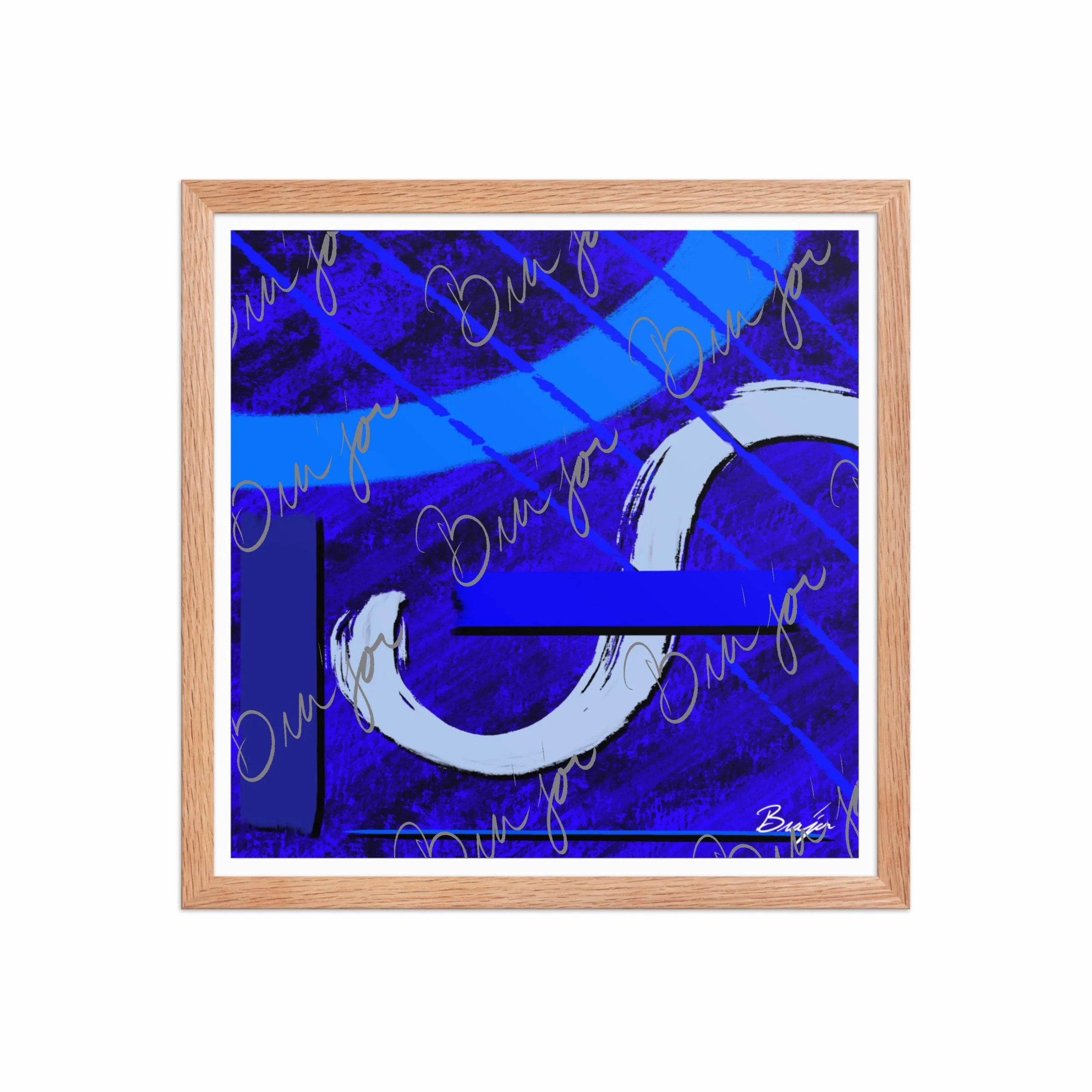 16x16 Red Oak Abstract artwork titled Undone designed by the digital abstract artist Bra'jor. Artwork includes the colors Blue, Black, Misty Blue, and Navy