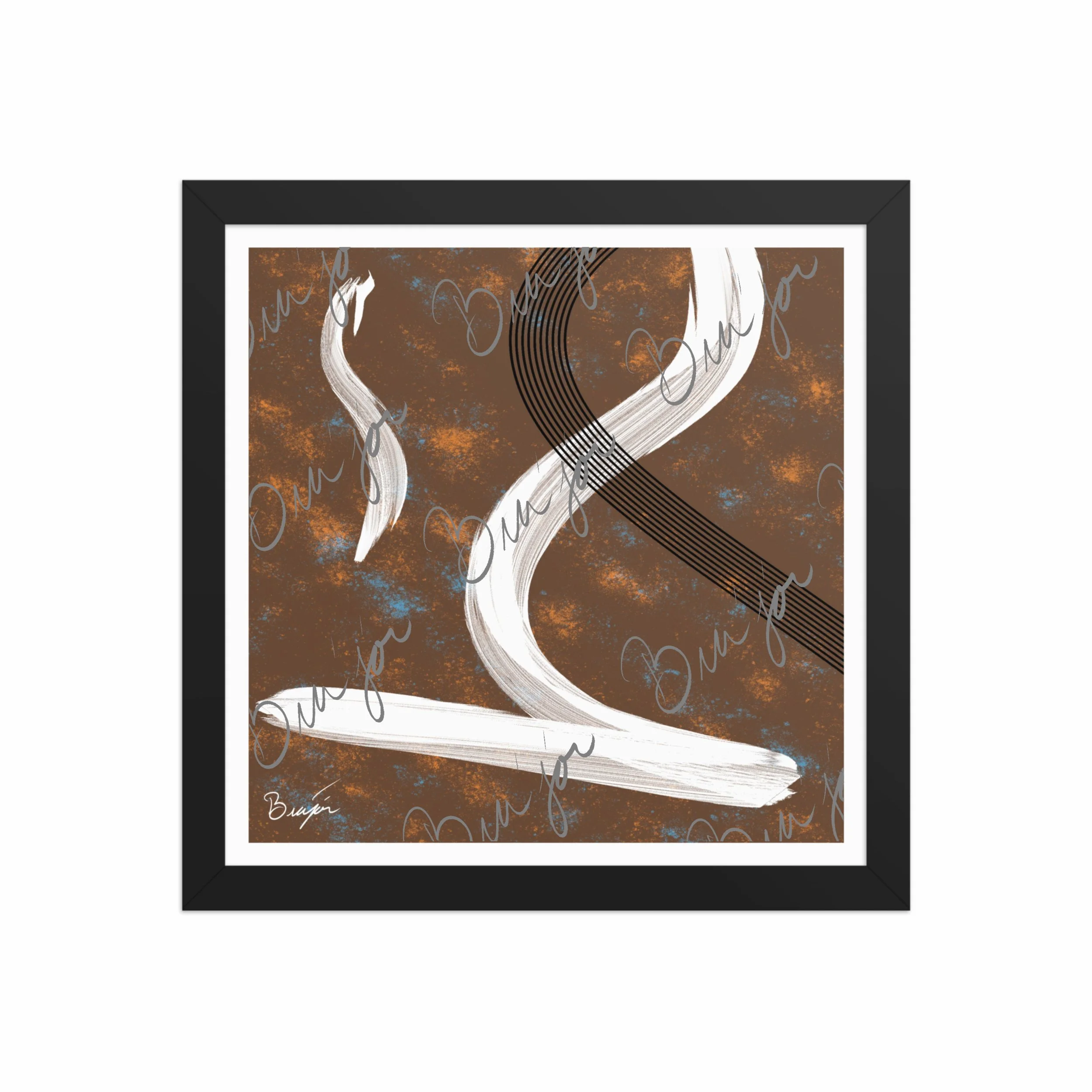 12x12 Black Framed abstract artwork titled My Heart designed by the digital abstract artist Bra'jor. Artwork includes the colors Brown, Orange, Blue, White, and Black