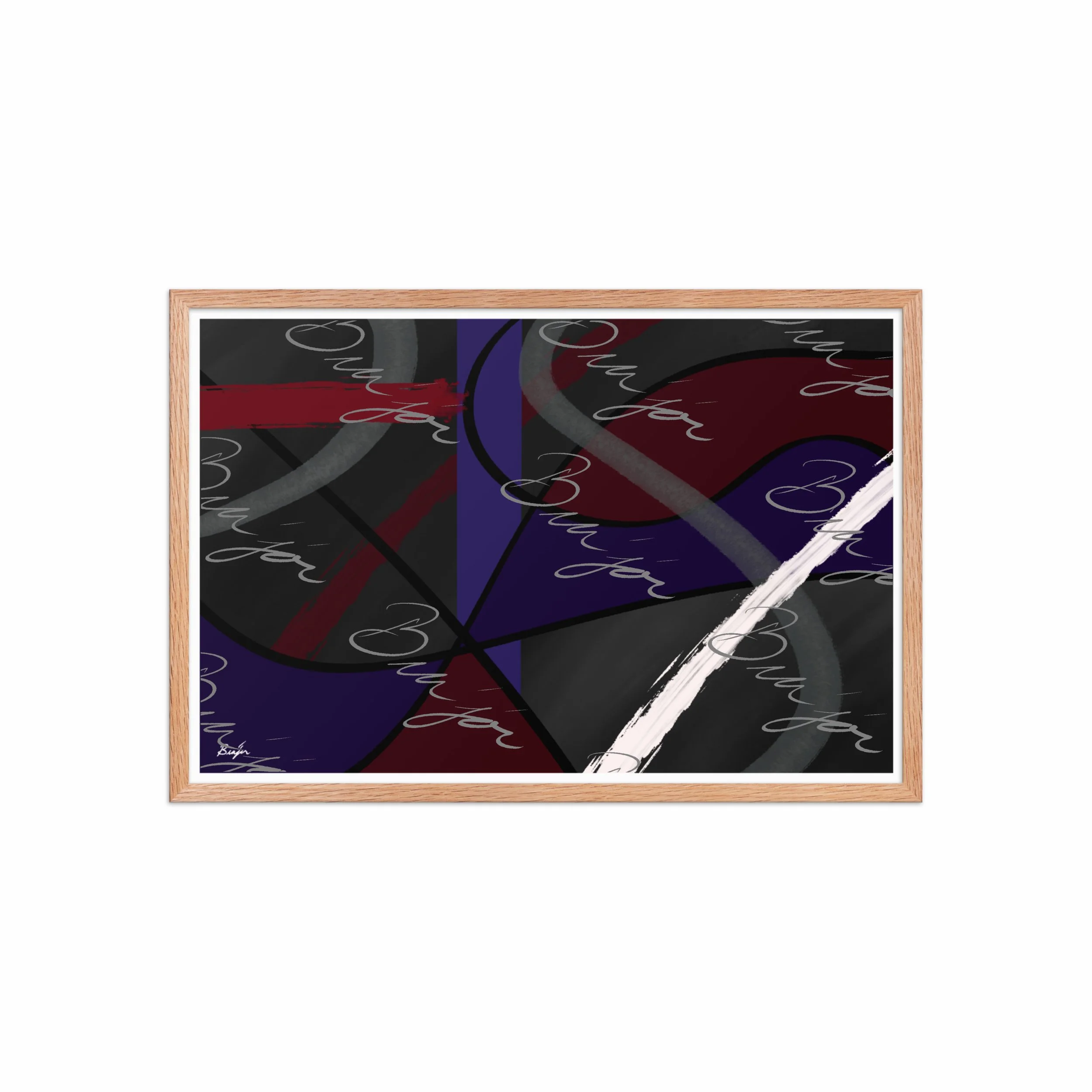 20x30 Red Oak Framed Abstract artwork titled Different designed by the digital abstract artist Bra'jor. Artwork includes the colors Purple, Blue, Red, Gray, and Black