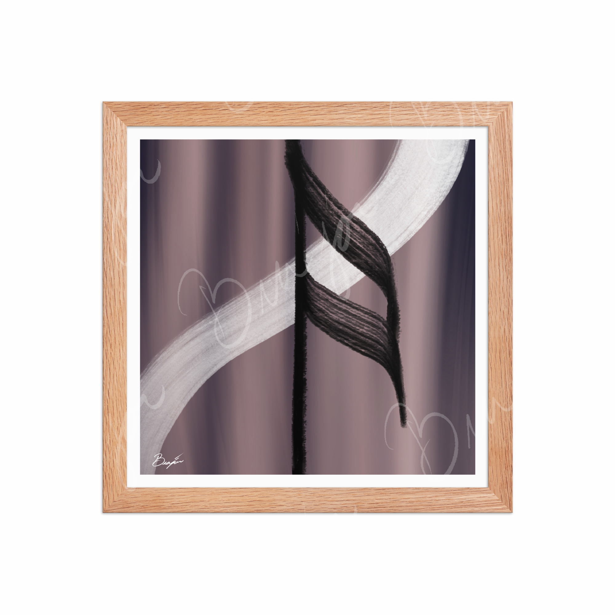 12x12 Red Oak Framed Abstract artwork titled A Beat designed by the digital abstract artist Bra'jor. Artwork includes the colors Black, White, Gray, violet, and Mauve