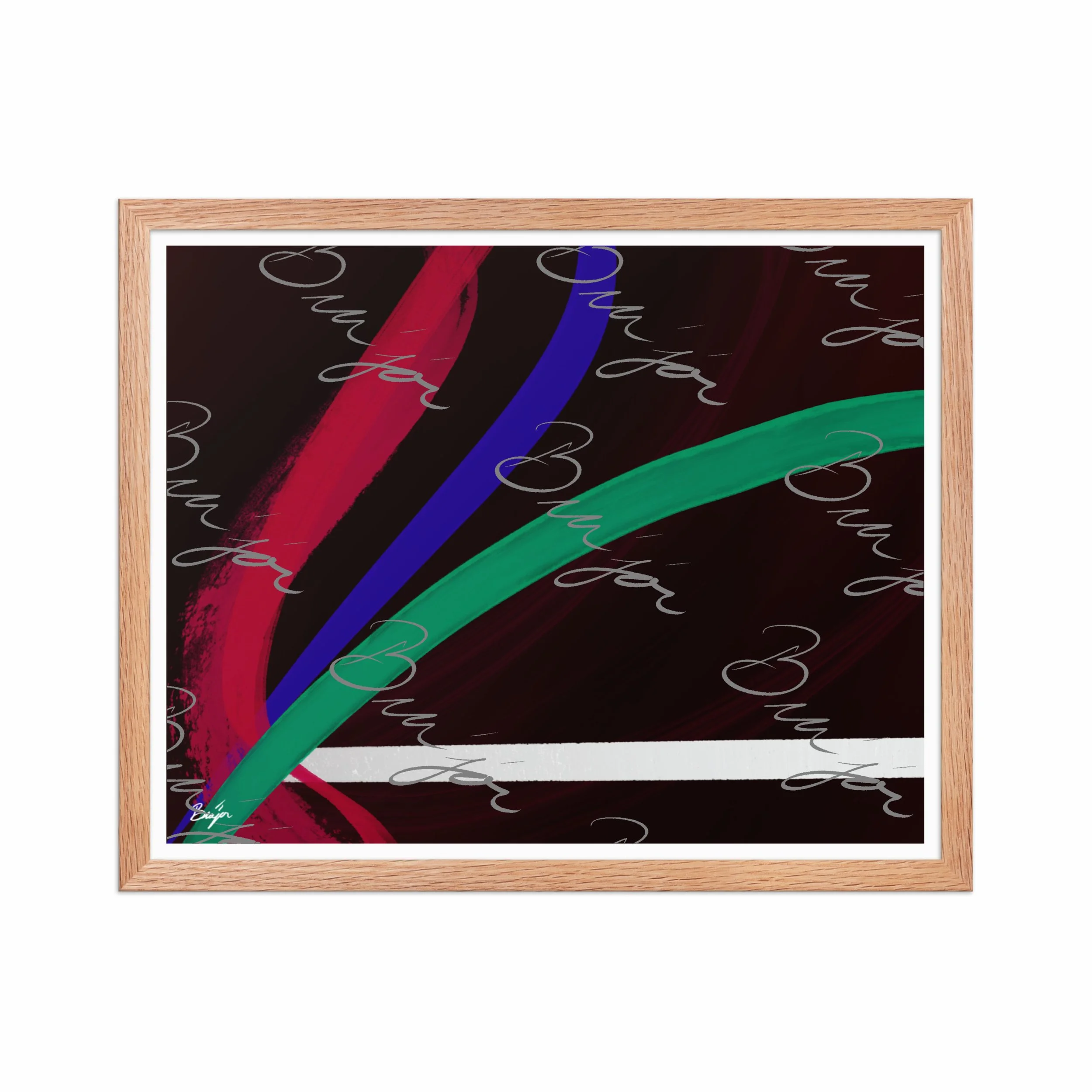 16x20 Red Oak Framed Abstract artwork titled Journey designed by the digital abstract artist Bra'jor. Artwork includes the colors Red, White, Green, and Blue