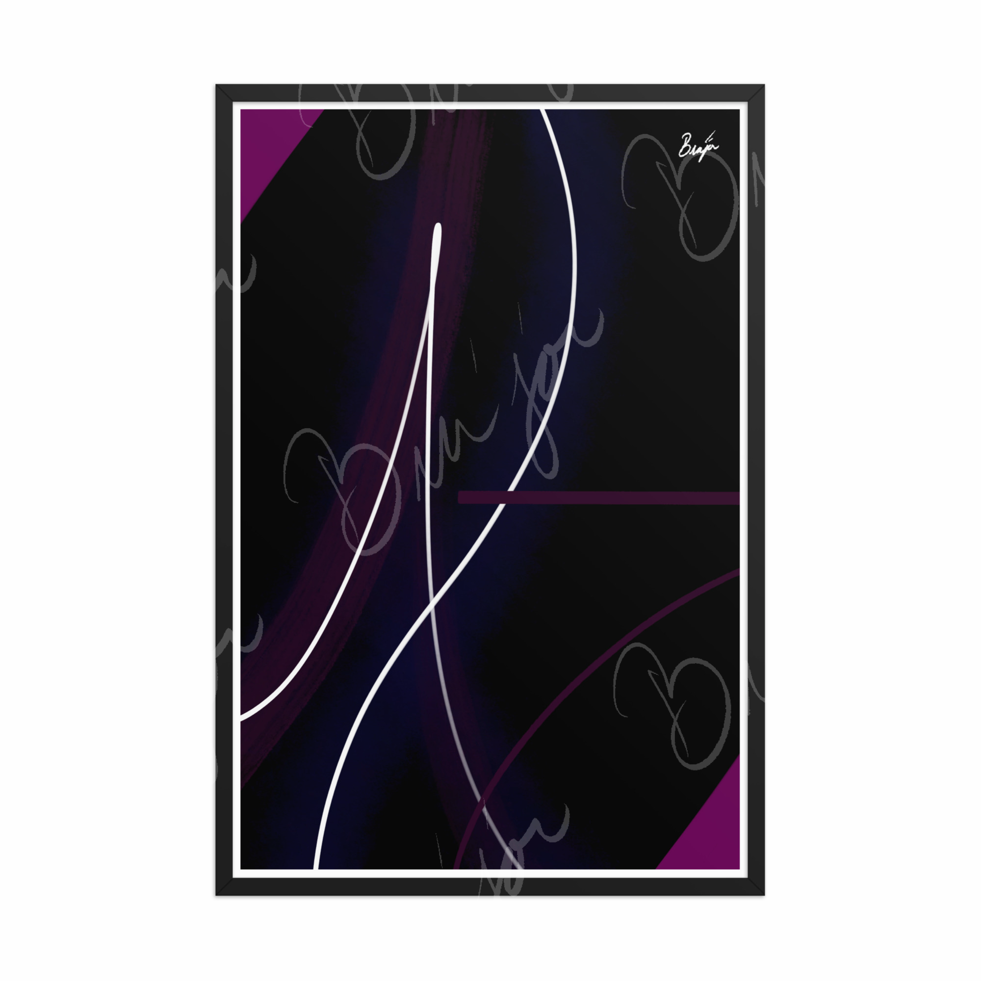 24x36 Black Framed Abstract artwork titled Poised designed by the digital abstract artist Bra'jor. Artwork includes the colors Purple, Pink, Blue, and White