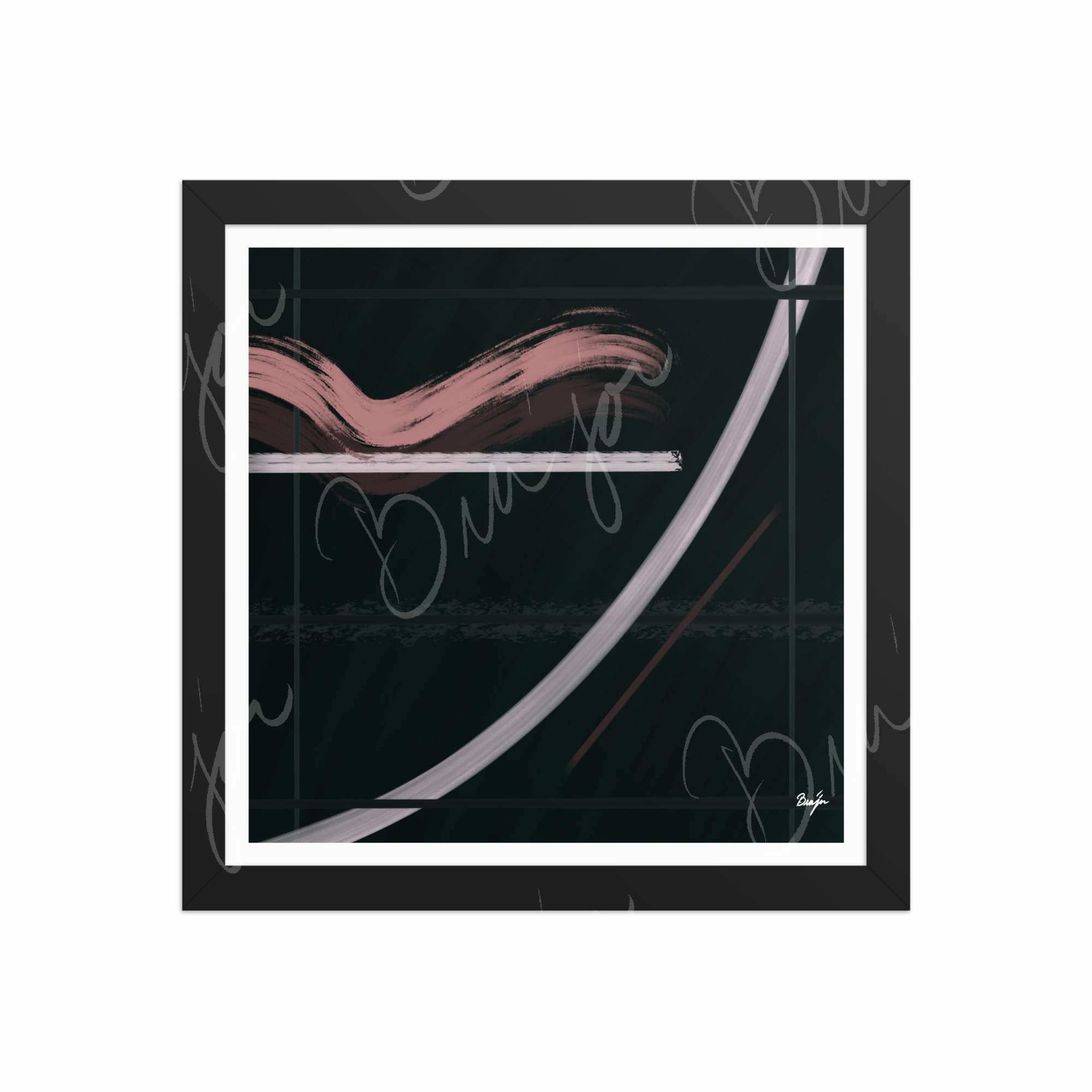 12x12 Black Framed Abstract artwork titled Together designed by the digital abstract artist Bra'jor. Artwork includes the colors Brown, Pink, Green, and White