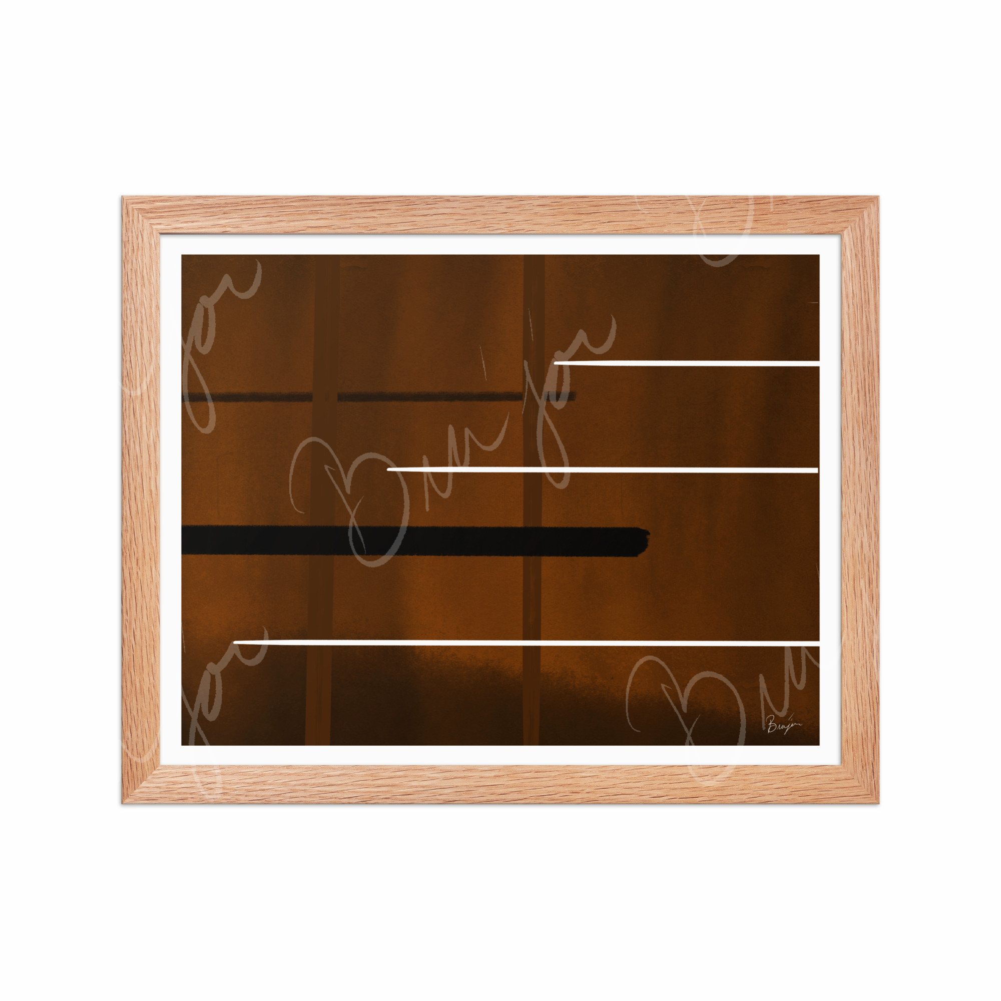 11x14 Red Oak Framed Abstract artwork titled Steps designed by the digital abstract artist Bra'jor. Artwork includes the colors Brown, Black, and White