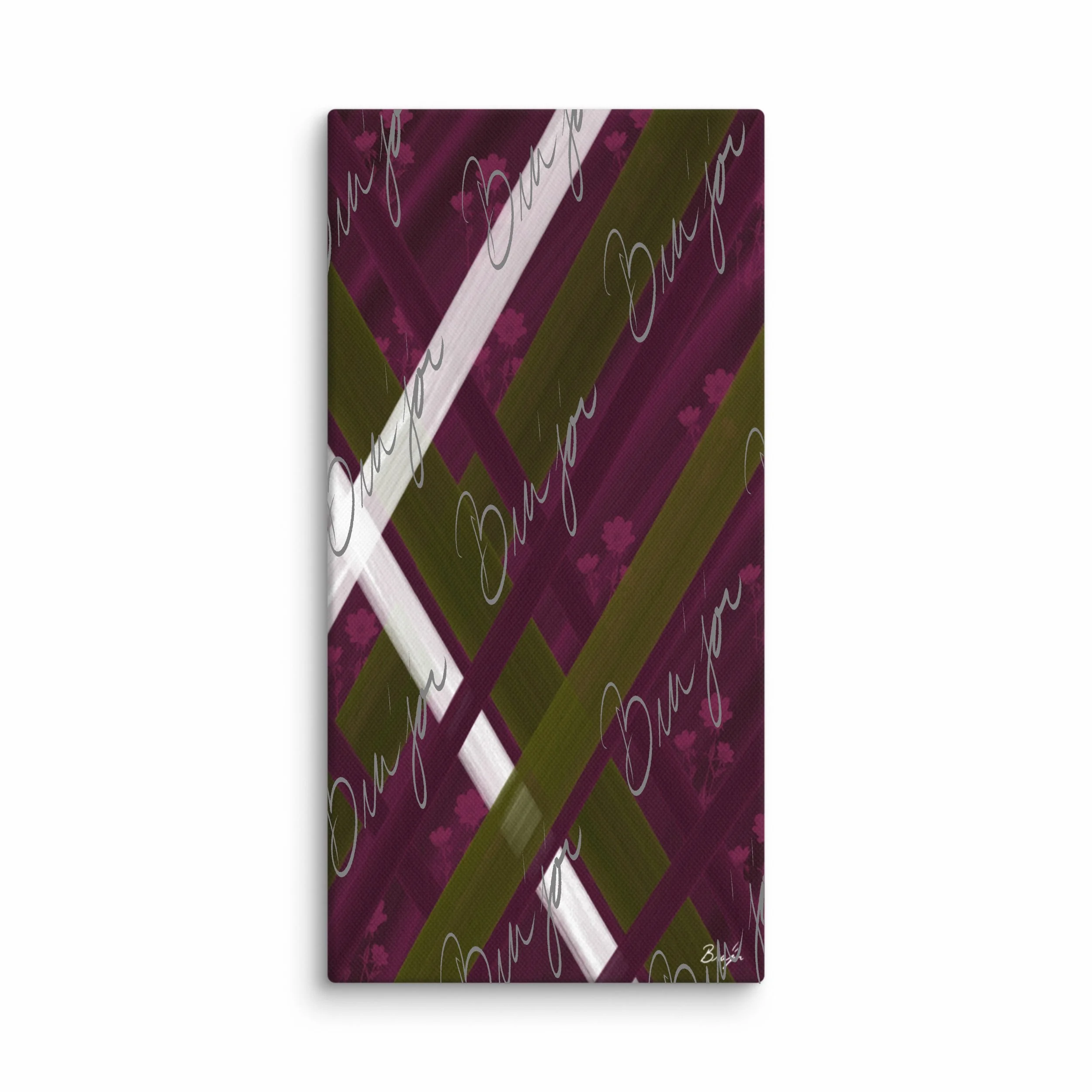 10x20 Canvas abstract artwork titled Complex designed by the digital abstract artist Bra'jor. Artwork includes the colors Purple, Pink, Olive Green, and White