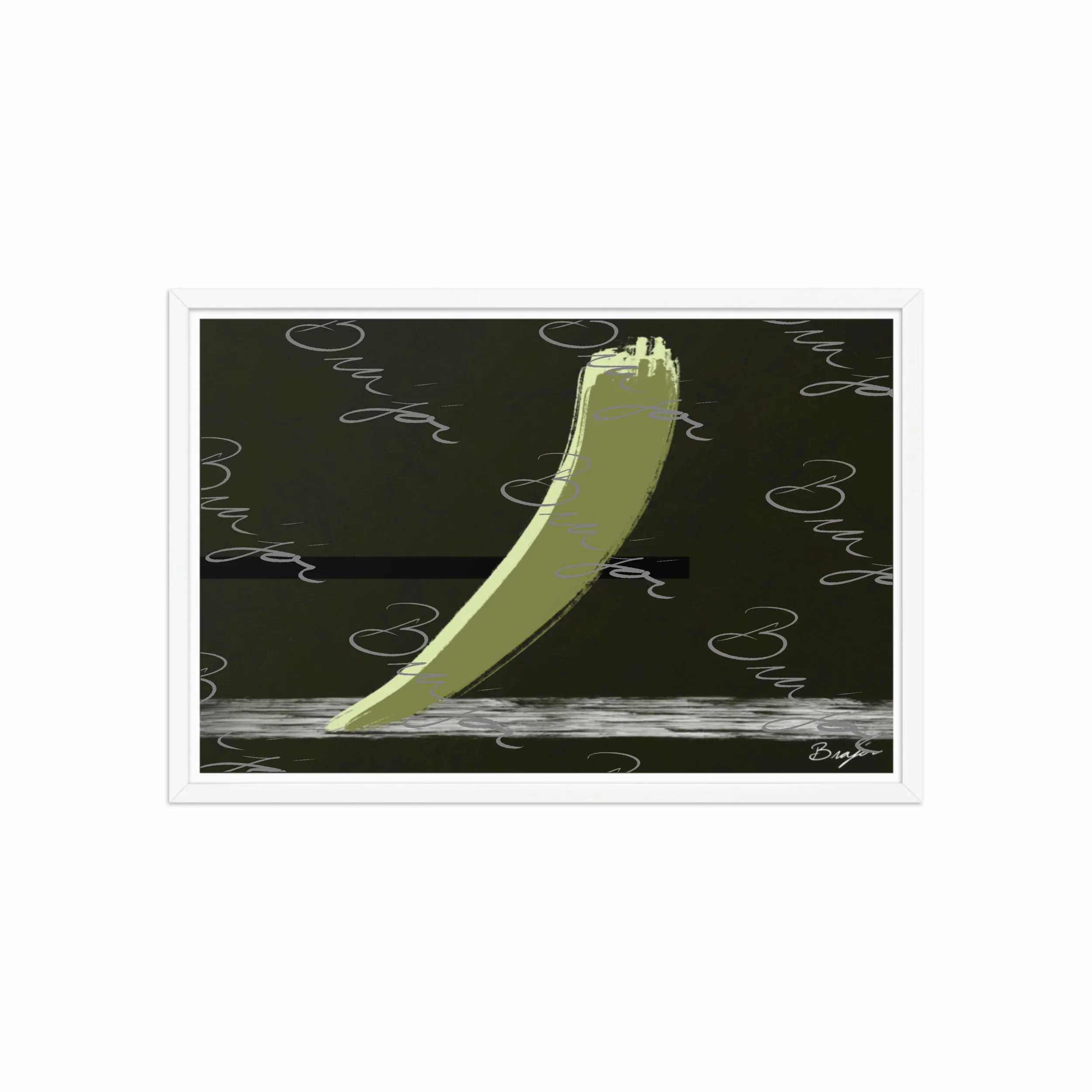 20x30 White Framed abstract artwork titled Drift designed by the digital abstract artist Bra'jor. Artwork includes the colors Green in multiple shades, Black,  White, and Gray