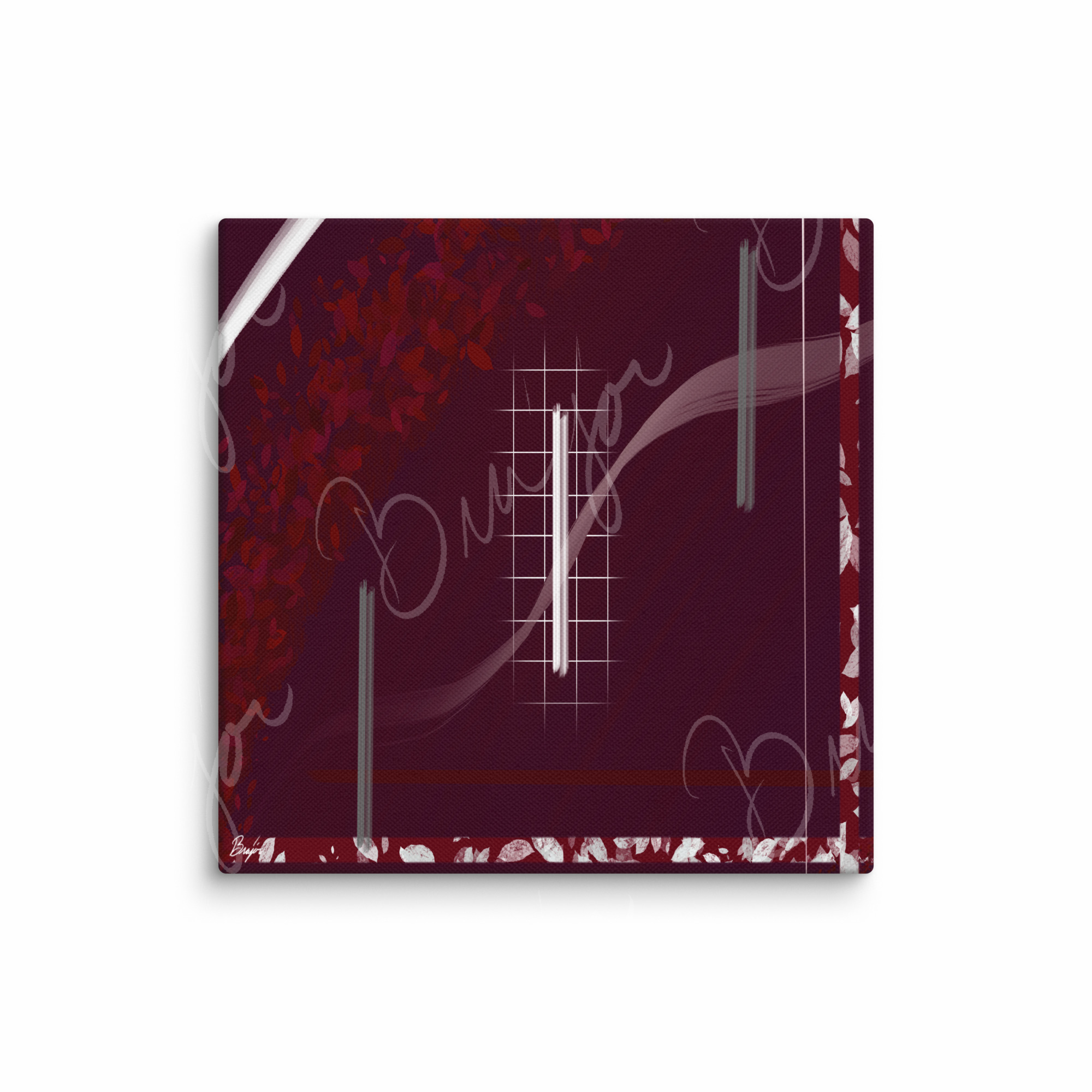 16x16 Canvas Abstract artwork titled Shine designed by the digital abstract artist Bra'jor. Artwork includes the colors Red, Gray, Maroon, White, and Soft Pink