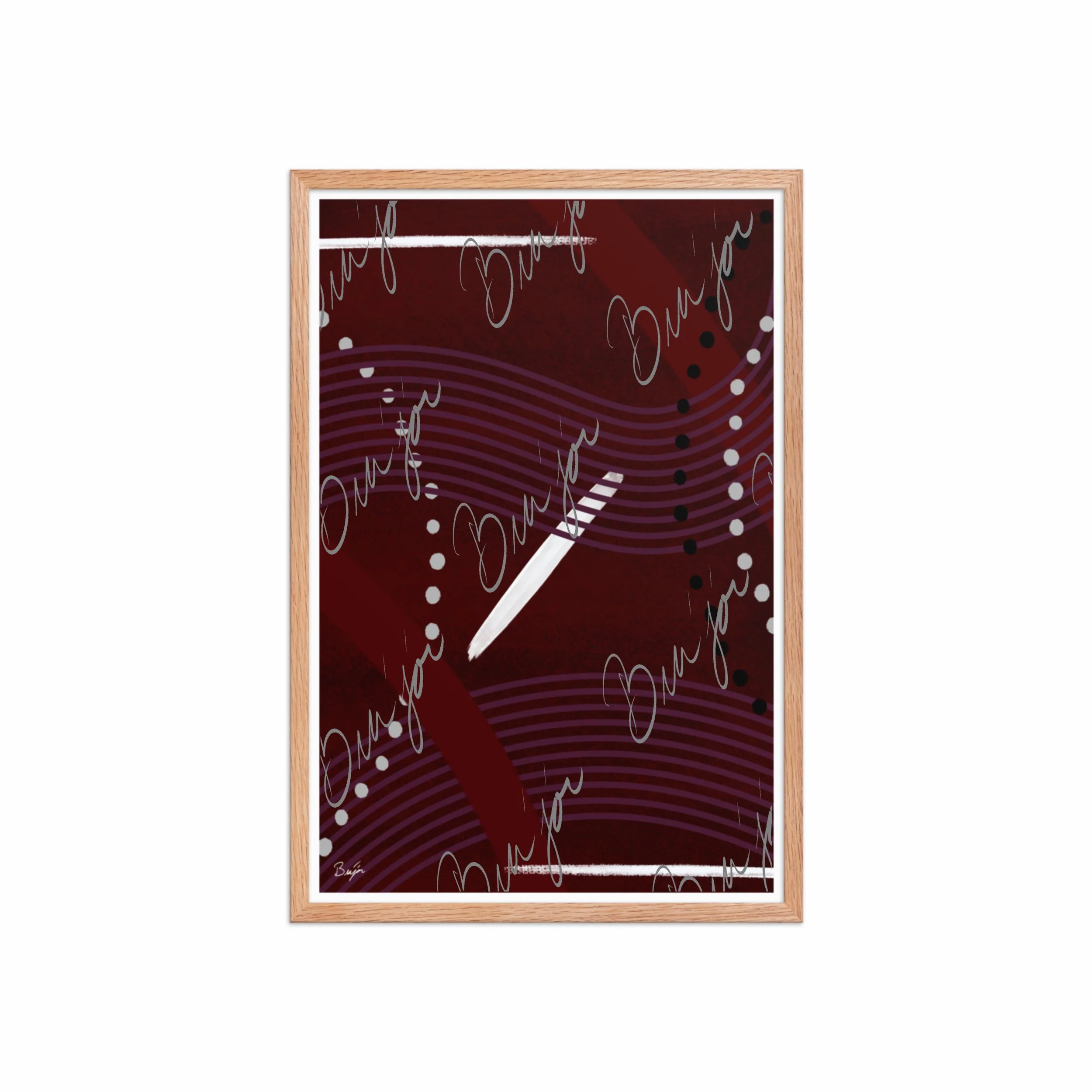 20x30 Red Oak Framed Abstract artwork titled Memories designed by the digital abstract artist Bra'jor. Artwork includes the colors Black, White, Maroon, Purple, and Gray