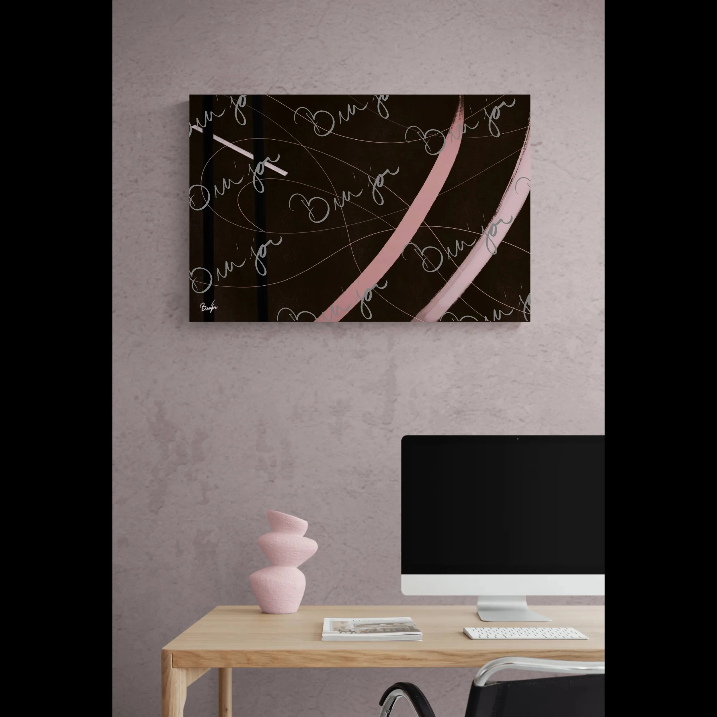 Canvas abstract artwork titled Beholder designed by the digital abstract artist Bra'jor. Artwork includes the colors Brown, Pink, Black, and White