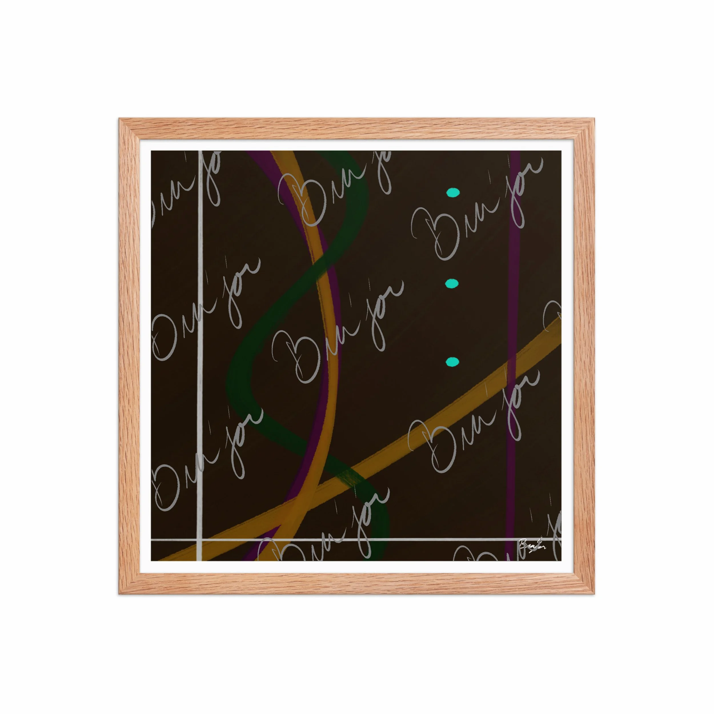 16x16 Red Oak Framed Abstract artwork titled Button Up designed by the digital abstract artist Bra'jor. Artwork includes the colors Orange, Purple, Green, White, and Brown
