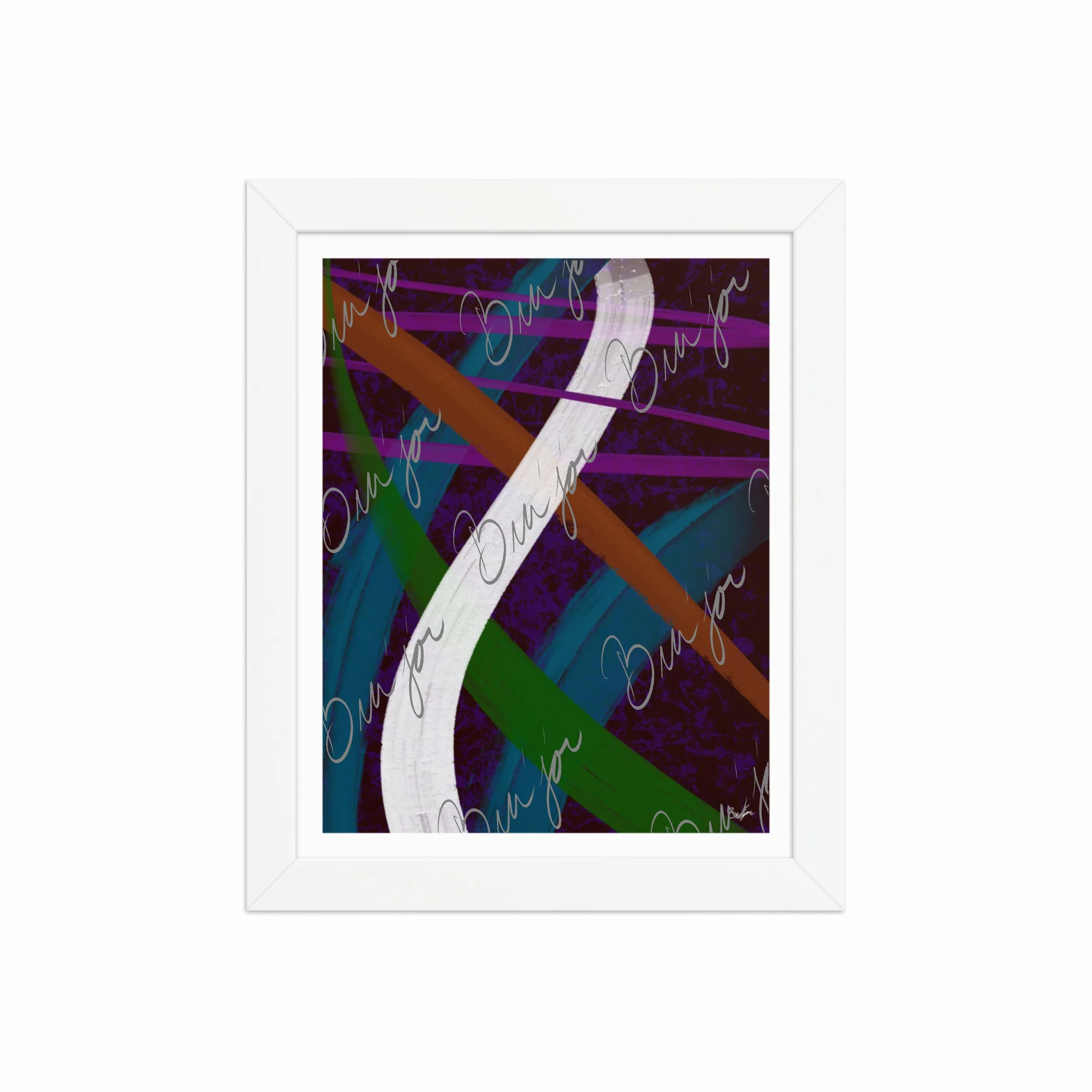 8x10 White Framed Abstract artwork titled Adventures designed by the digital abstract artist Bra'jor. Artwork includes the colors Purple, Blue, Orange, and White
