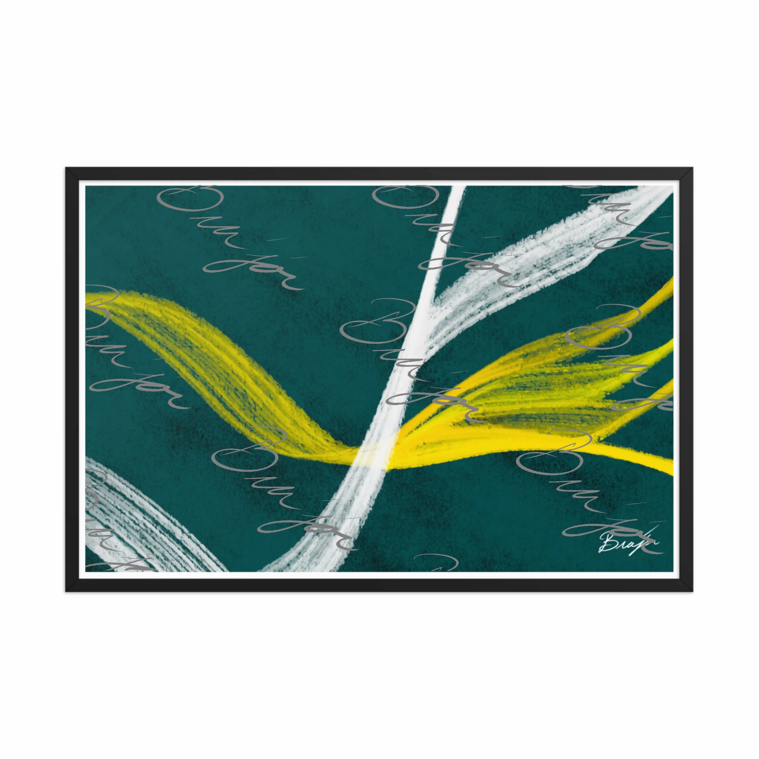 24x36 Black Framed abstract artwork titled Beginnings designed by the digital abstract artist Bra'jor. Artwork includes the colors Yellow, Green, White, and Black