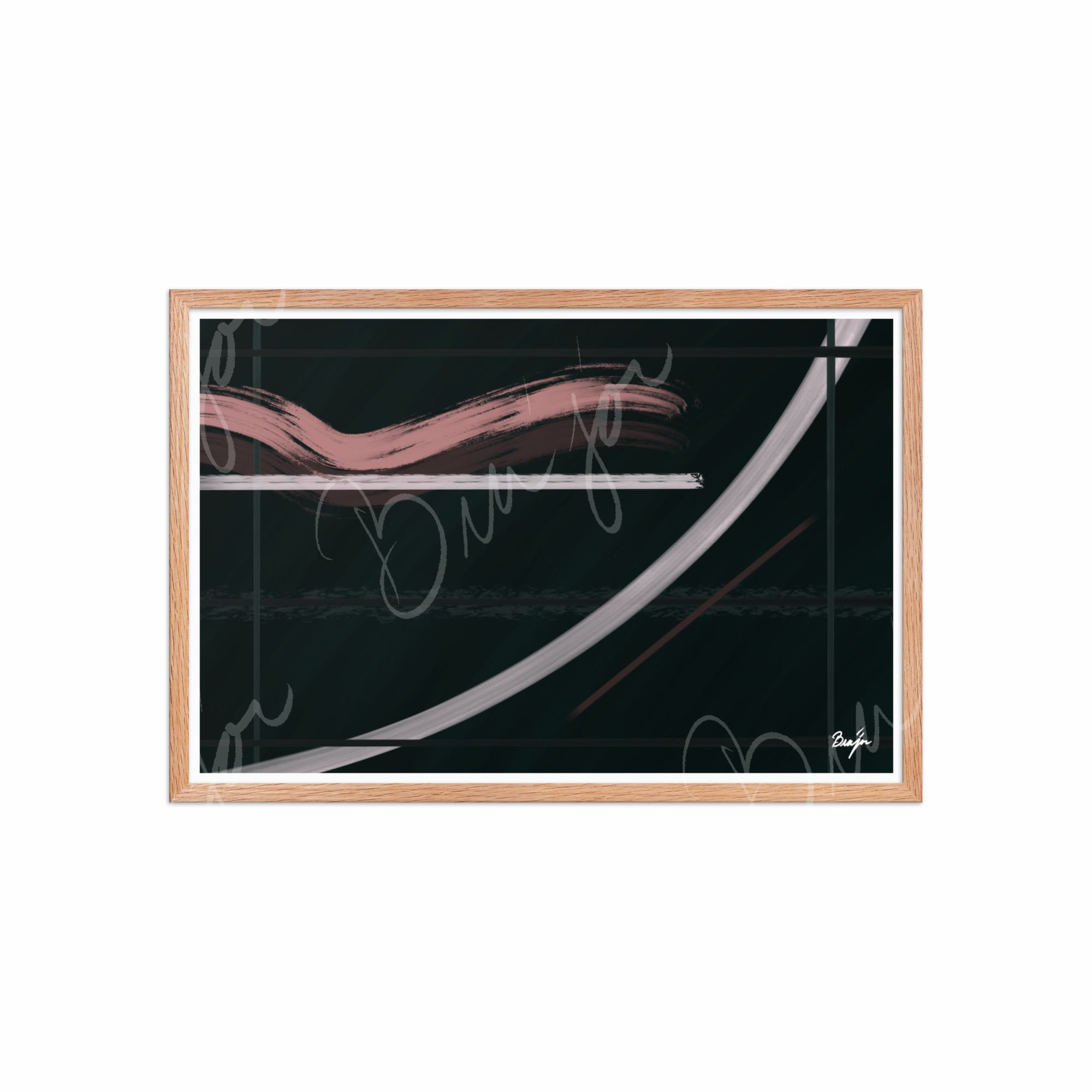 20x30 Red Oak Framed Abstract artwork titled Together designed by the digital abstract artist Bra'jor. Artwork includes the colors Brown, Pink, Green, and White