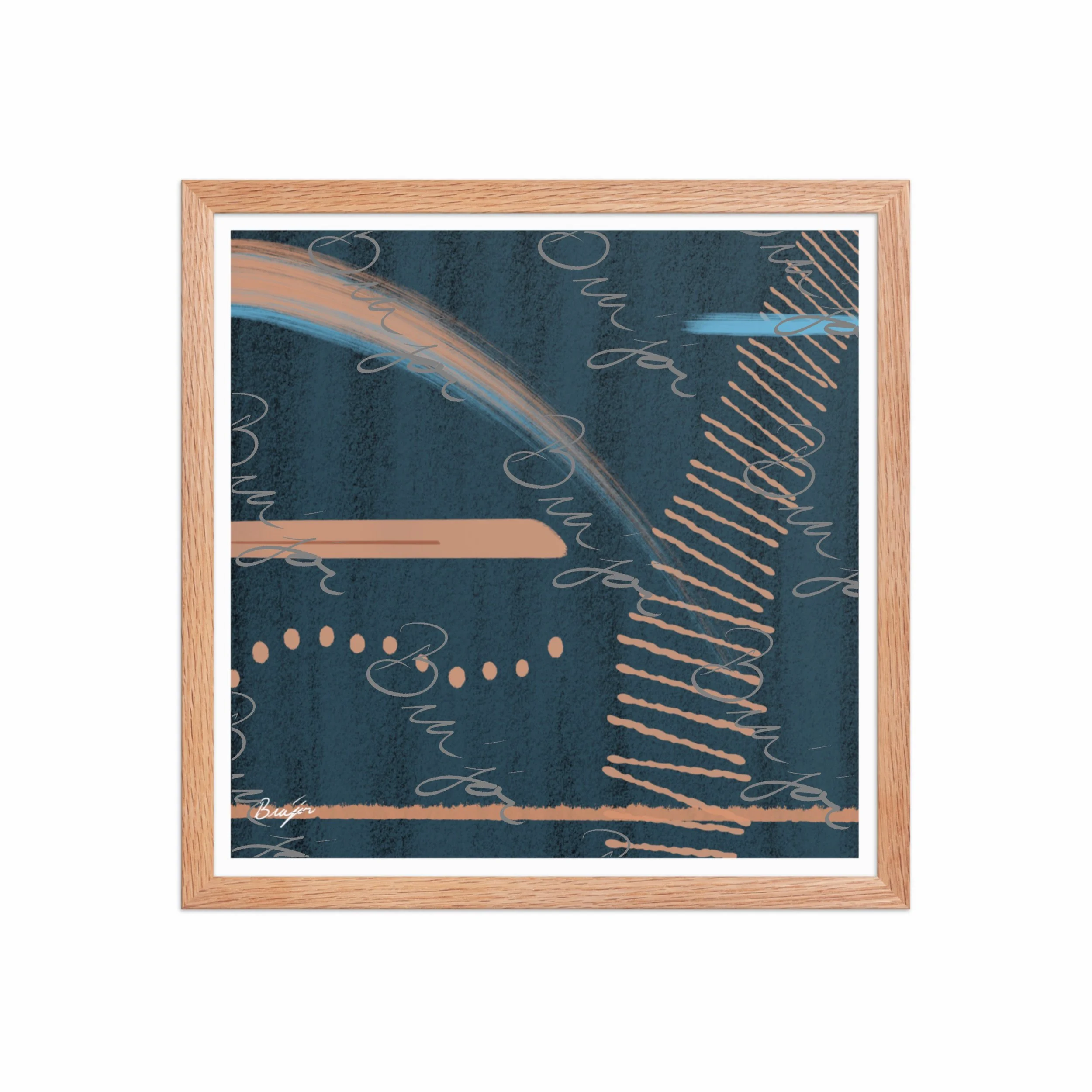 16x16 Red Oak Framed abstract artwork titled Effort designed by the digital abstract artist Bra'jor. Artwork includes the colors Black, Blue, Brown, and Tan