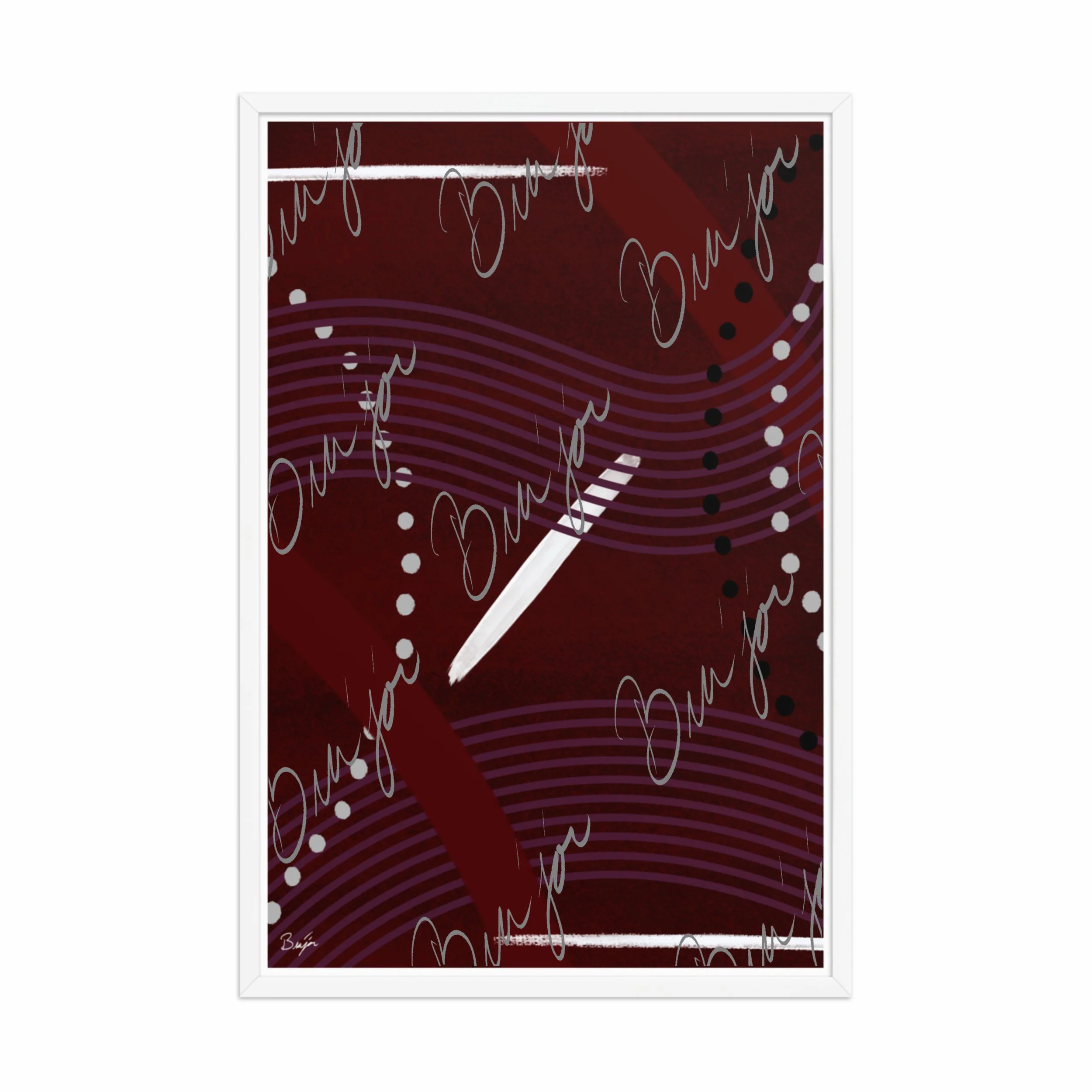 24x36 White Framed Abstract artwork titled Memories designed by the digital abstract artist Bra'jor. Artwork includes the colors Black, White, Maroon, Purple, and Gray