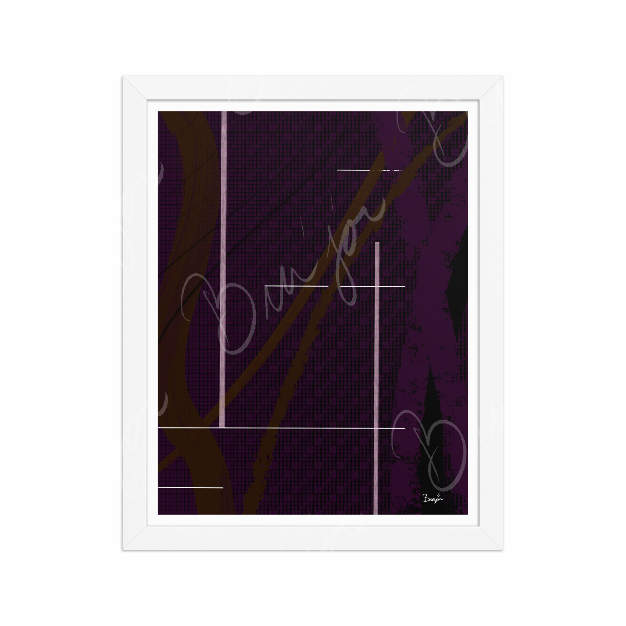 11x14 White Framed Abstract artwork titled Out of the Box designed by the digital abstract artist Bra'jor. Artwork includes the colors Purple, Brown, Black, and White